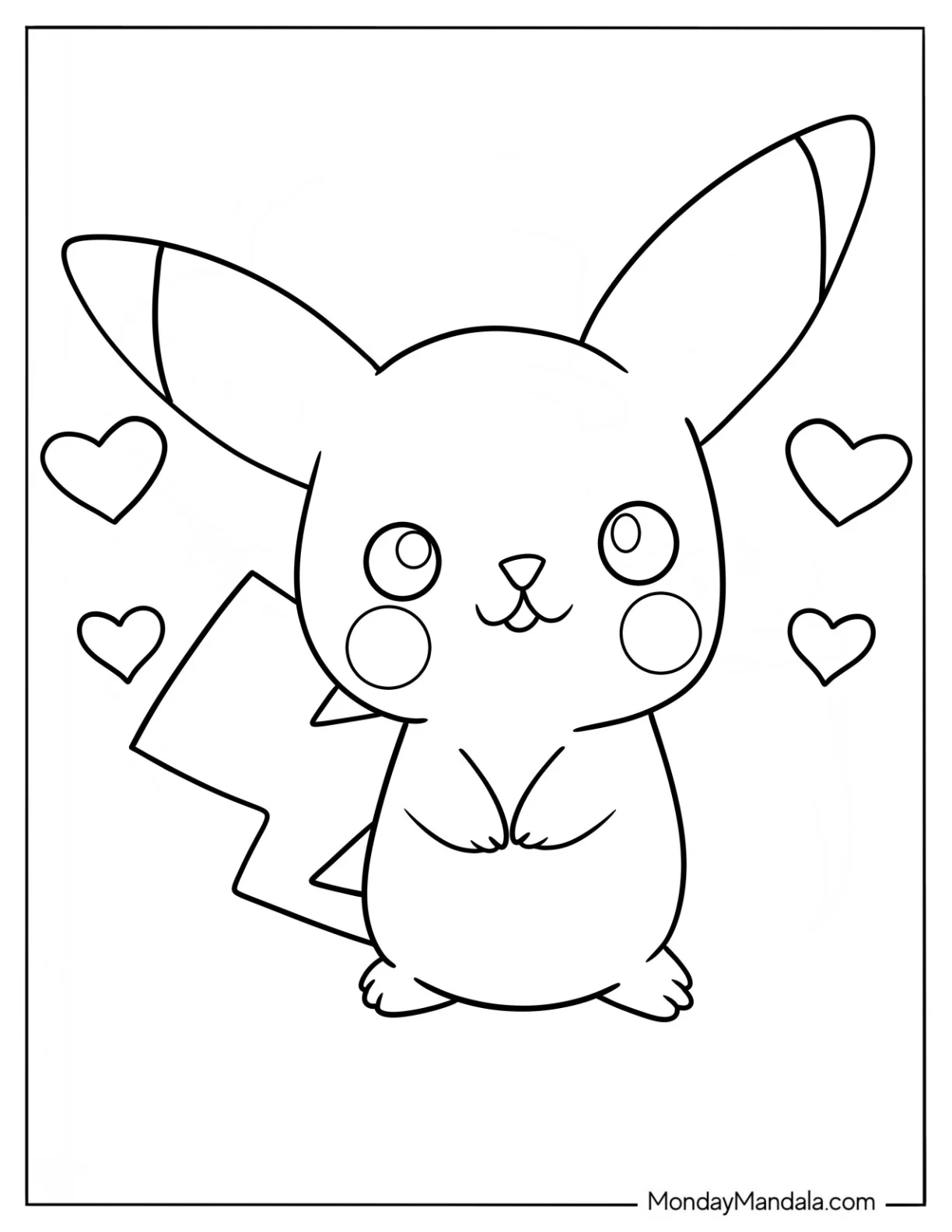 Cute Coloring Page Of Easy Pikachu With Love Hearts For Preschoolers coloring page