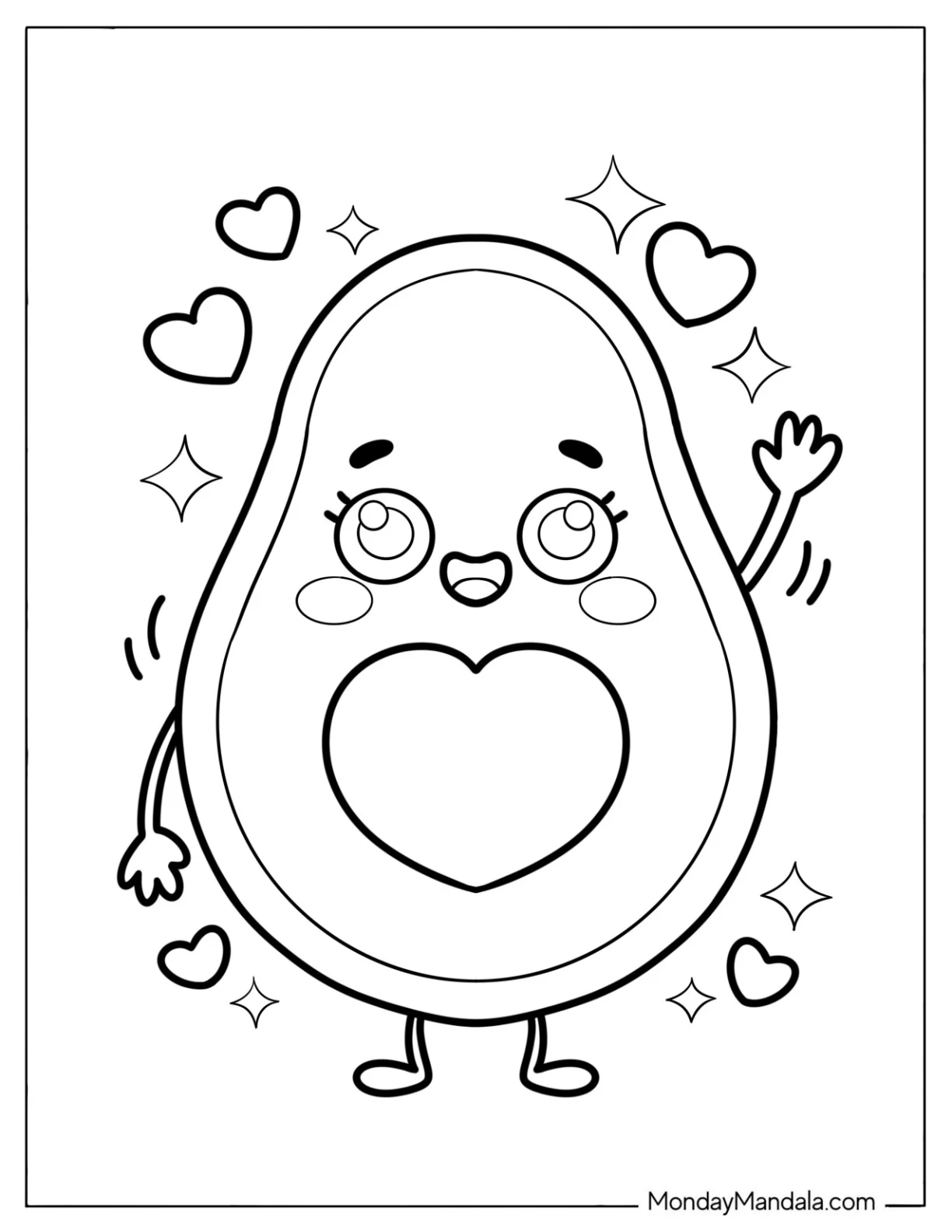 Cute Coloring Page of Friendly Avocado Slice Waving coloring page