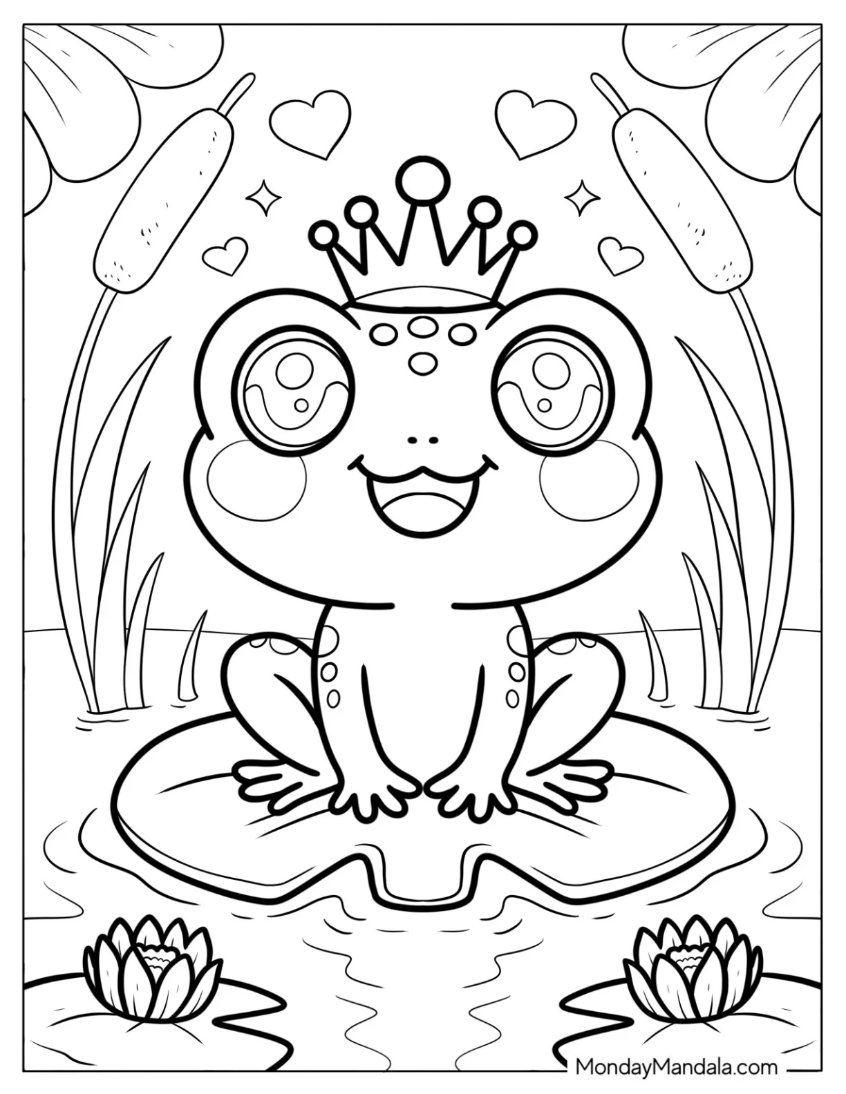 Cute Coloring Page of Frog with Crown Sitting on a Lily Pad coloring page — printable line art