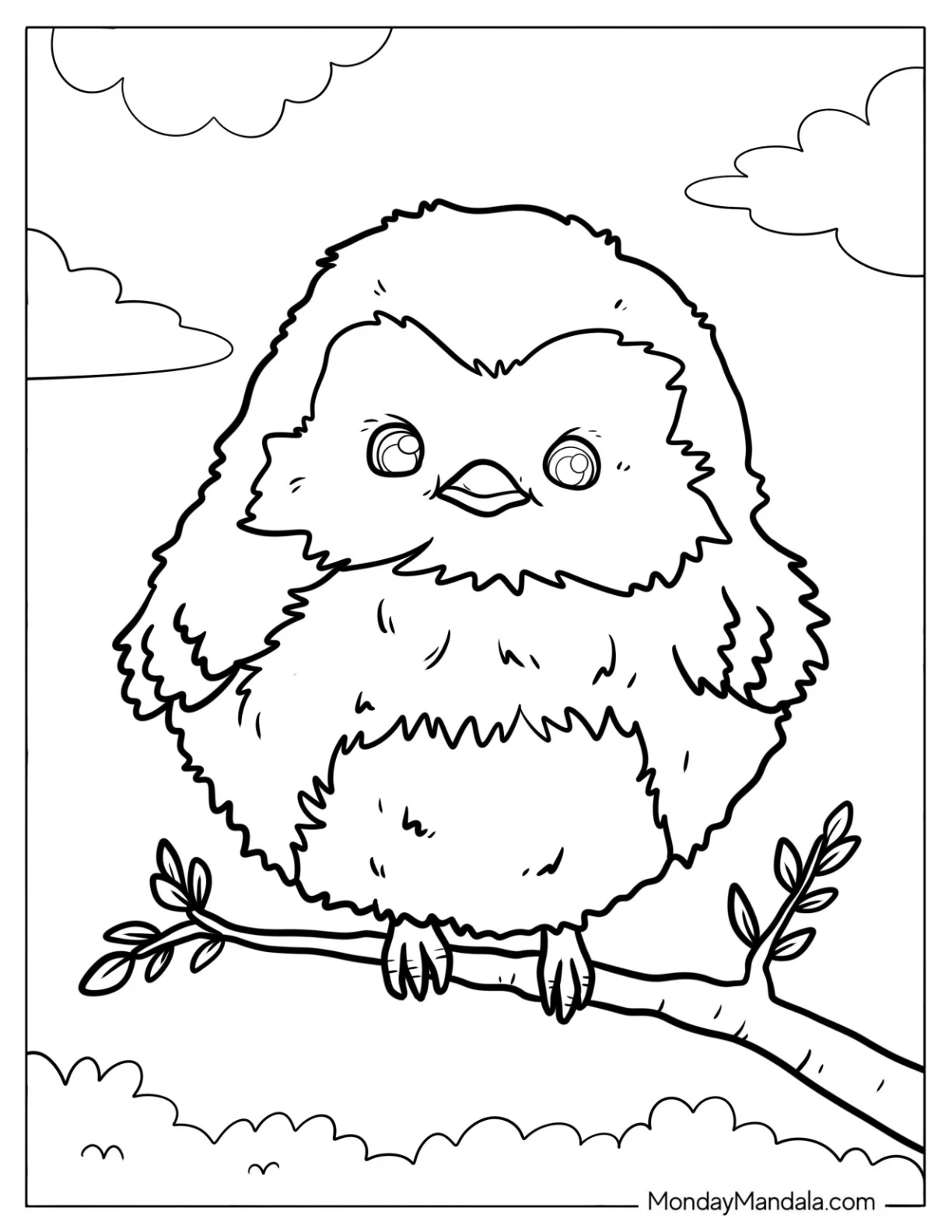 Cute Coloring Page of Furry Baby Bird on a Tree Branch for Kids coloring page