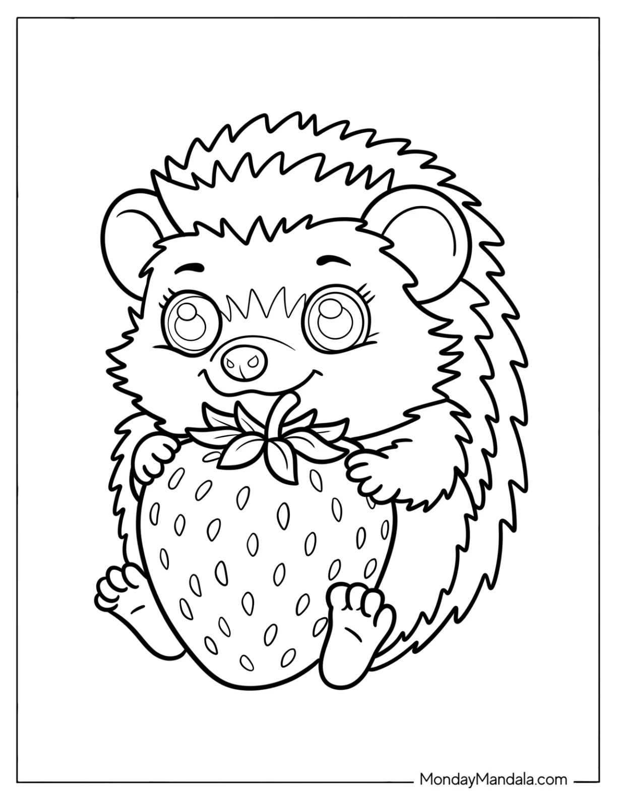 Cute Coloring Page of Hedgehog Hugging a Strawberry for Preschoolers coloring page — printable line art