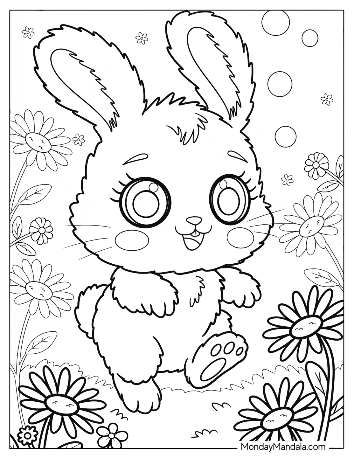 Cute Coloring Page of Hopping Bunny in a Flower Field for Kids coloring page — printable line art