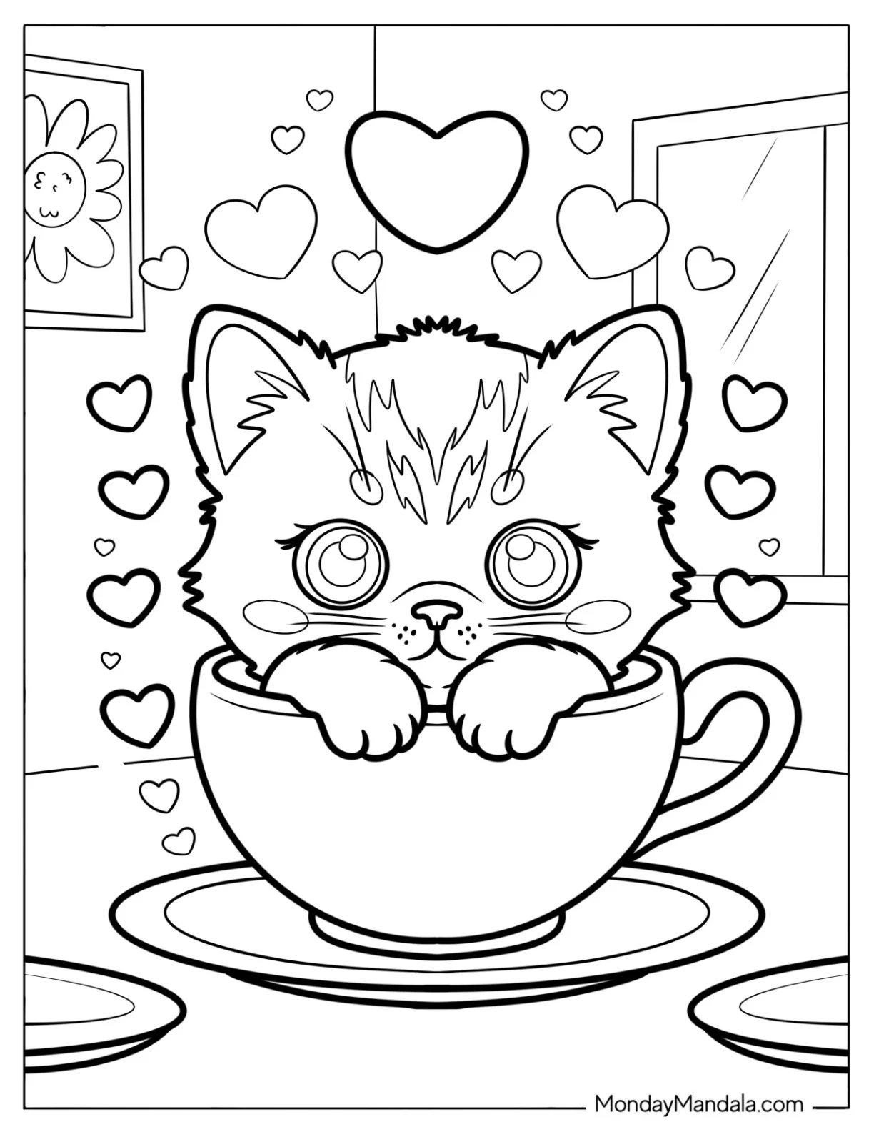 Cute Coloring Page of Kitten in a Teacup with Love Hearts for Kids coloring page