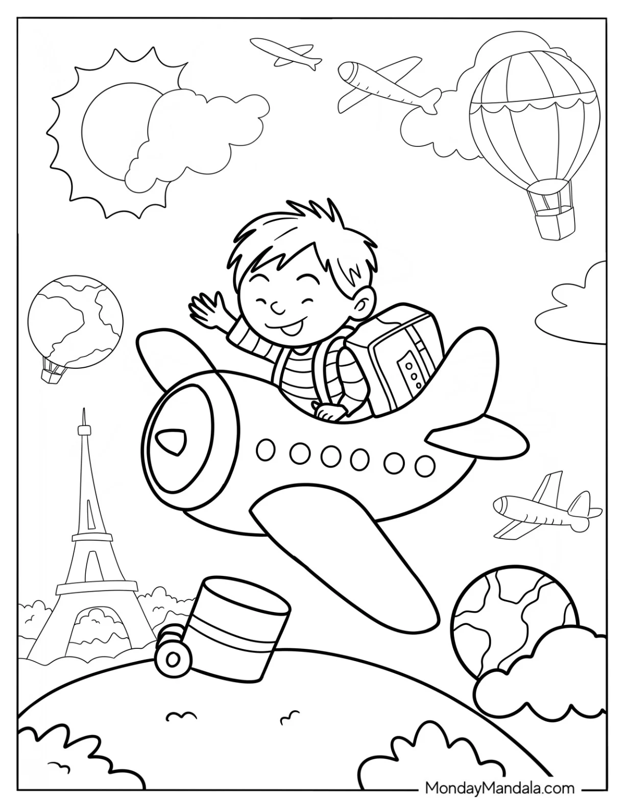Cute Coloring Page of Little Boy Riding An Airplane coloring page — printable line art