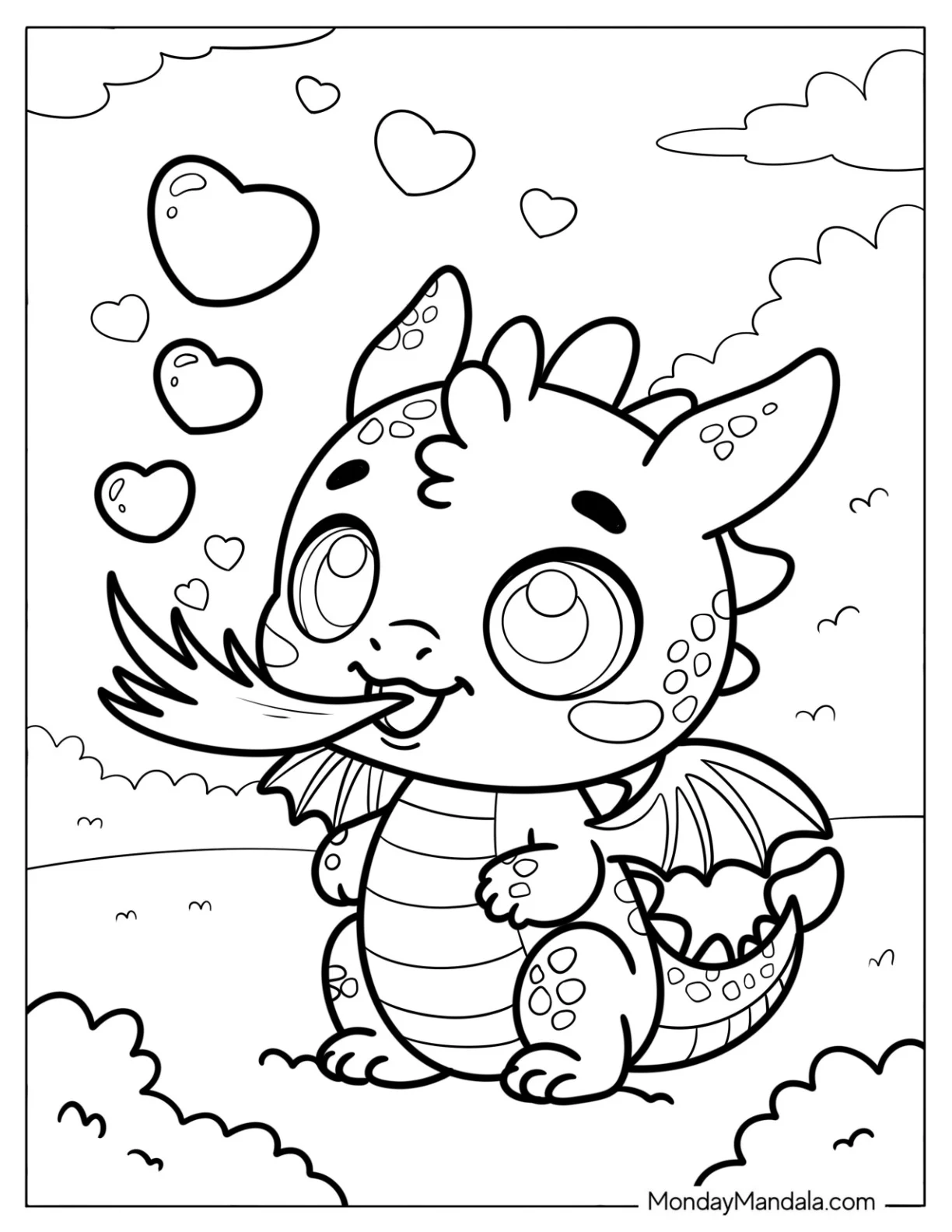 Cute Coloring Page of Little Dragon Breathing Fire in the Forest coloring page — printable line art