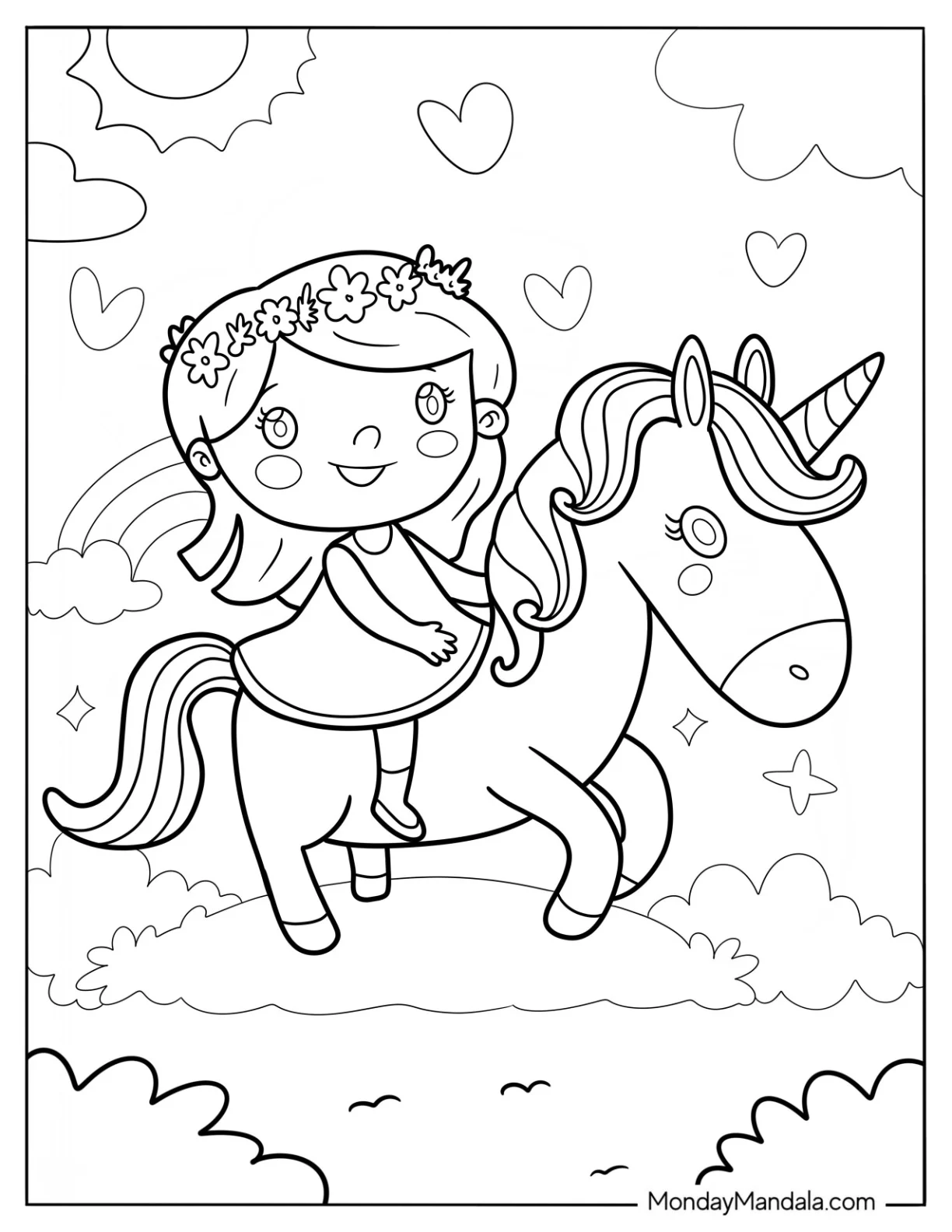 Cute Coloring Page of Little Girl Riding A Unicorn coloring page — printable line art