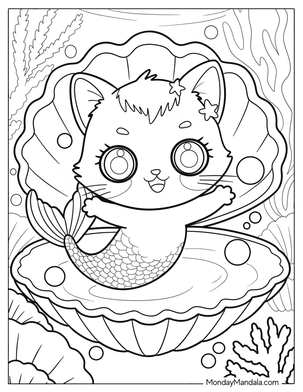 Cute Coloring Page of Mermaid Cat inside a Clam coloring page — printable line art