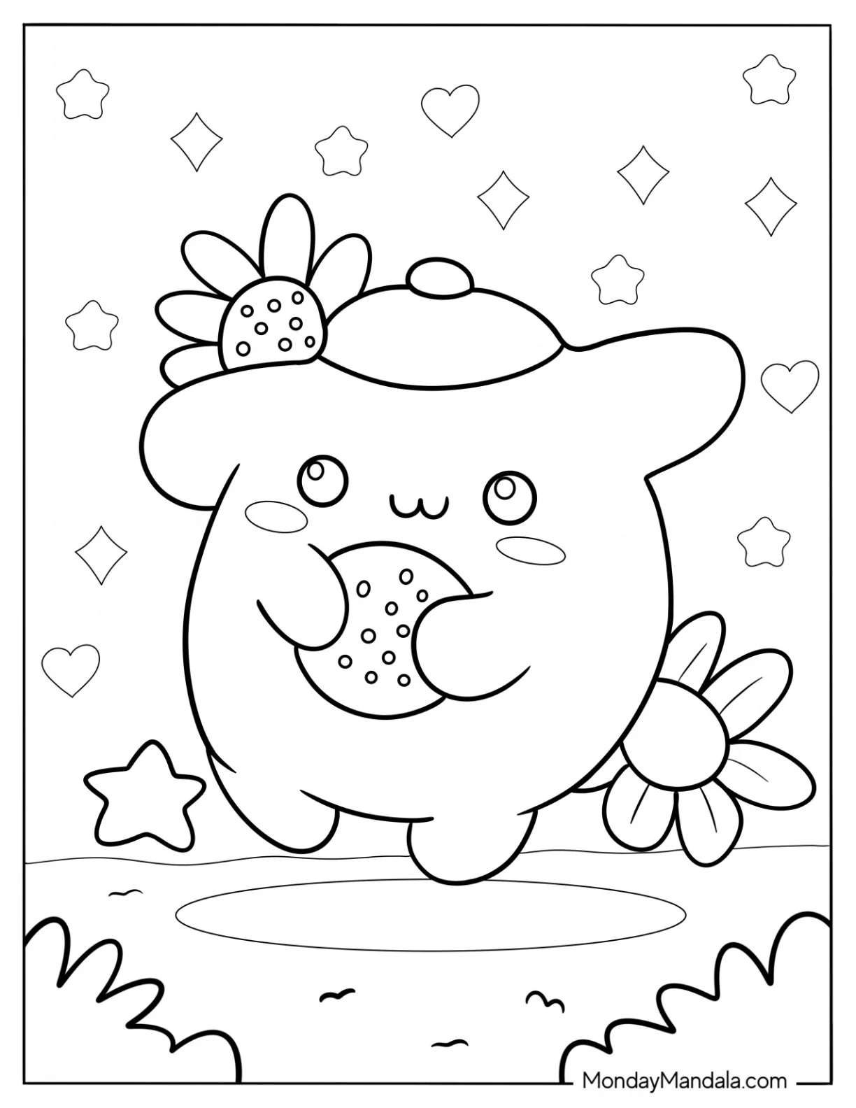 Cute Coloring Page Of Pompompurin Surrounded By Flowers And Stars coloring page — printable line art