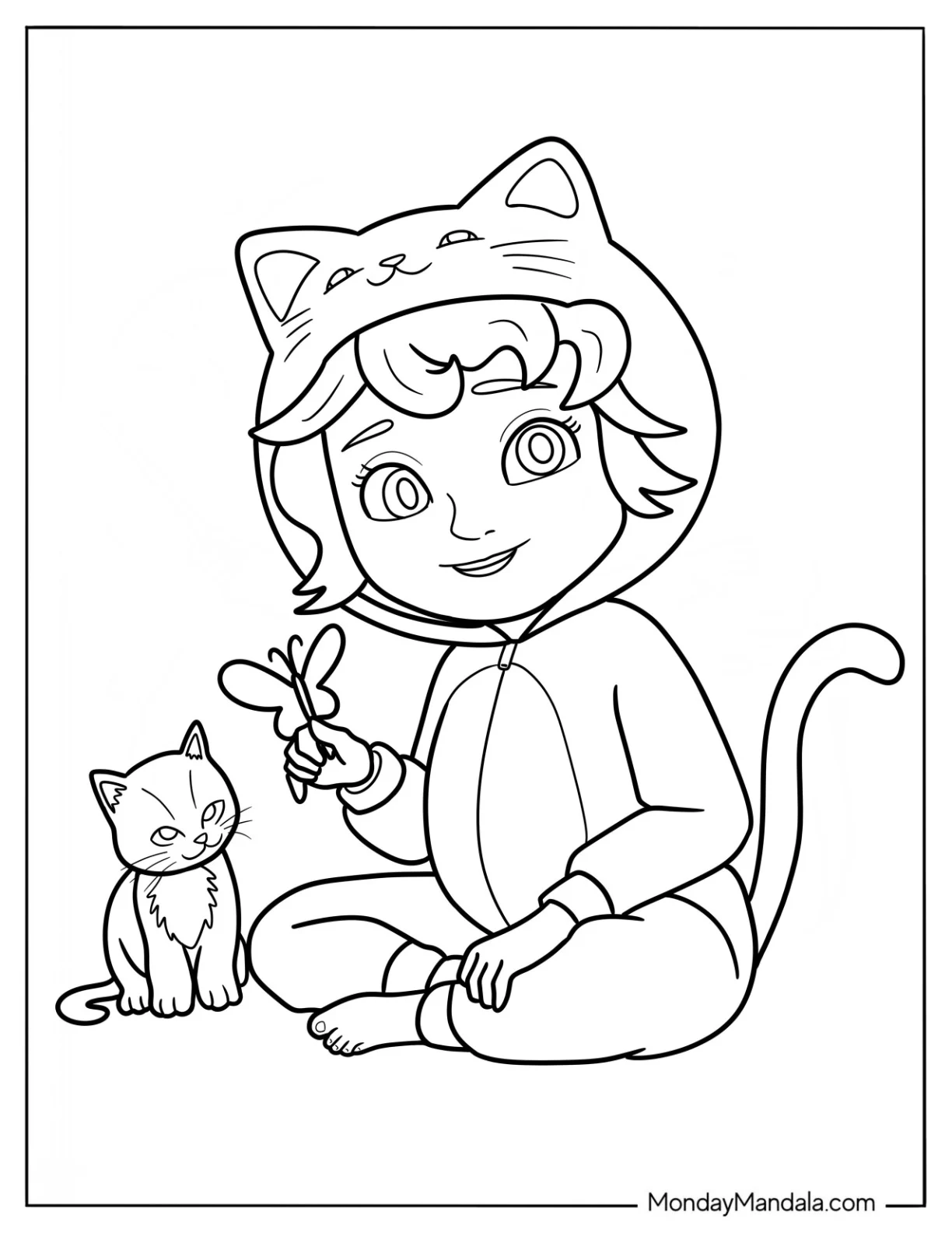 Cute Coloring Page Of Pretty Girl Playing With A Cat coloring page — printable line art