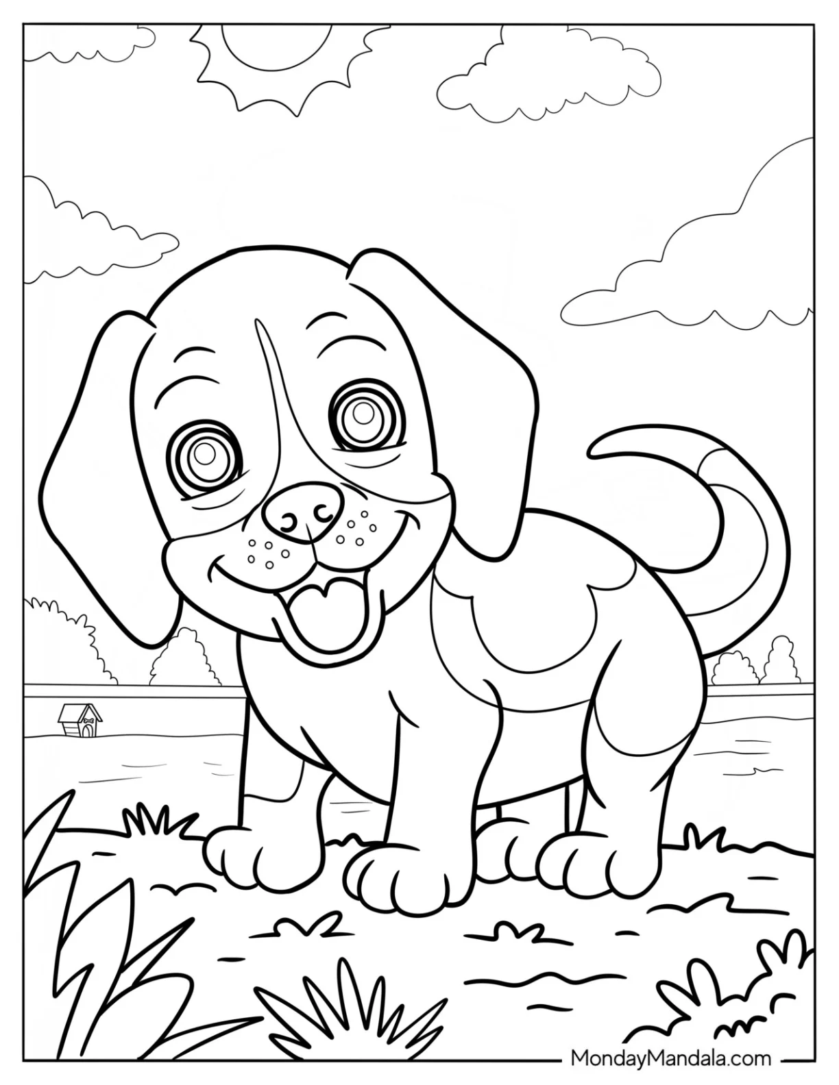 Cute Coloring Page Of Puppy Playing In A Field For Kids coloring page — printable line art