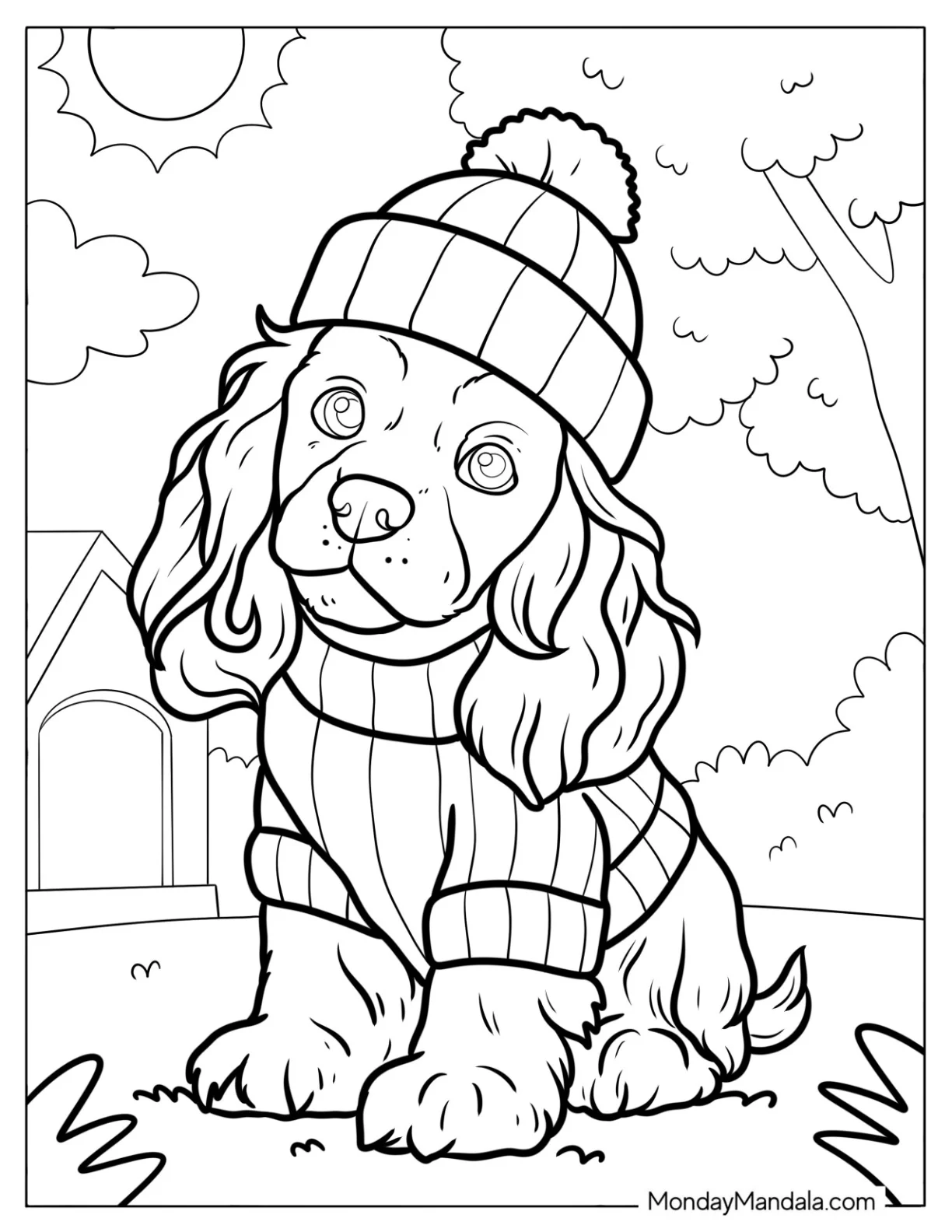 Cute Coloring Page of Puppy Spaniel with Beanie and Sweater coloring page