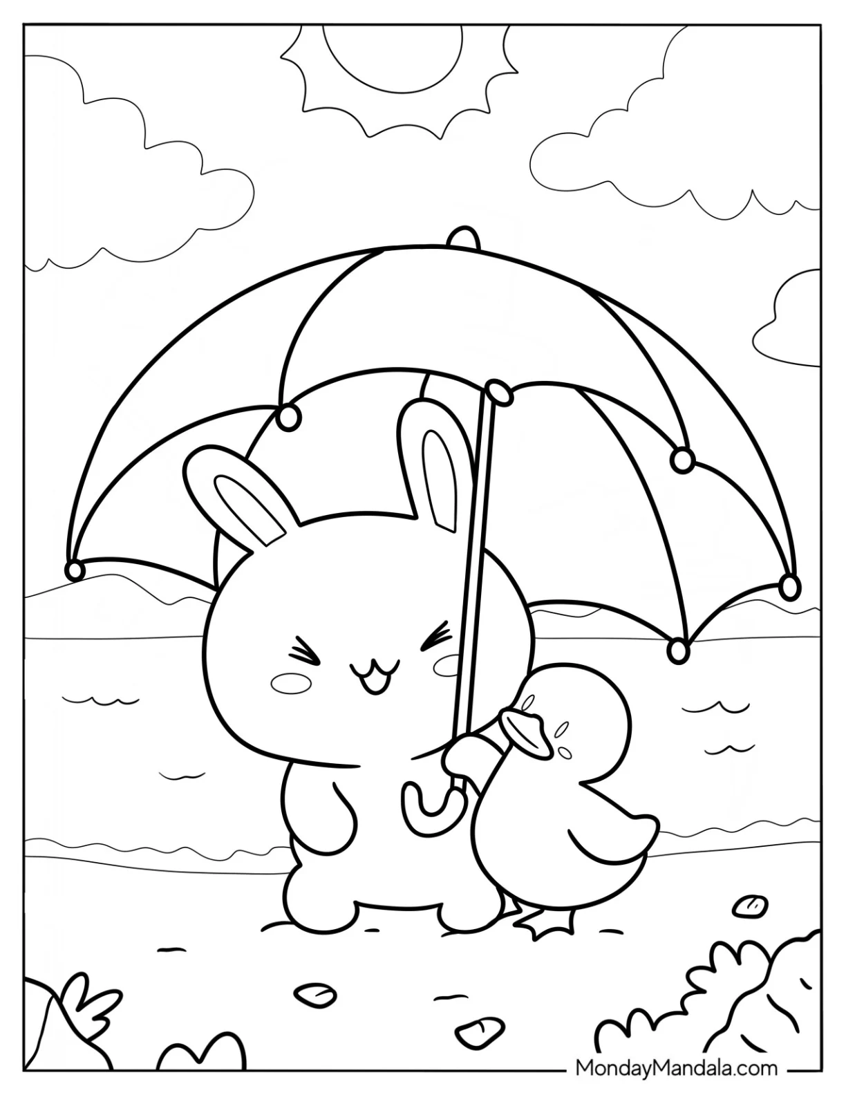 Cute Coloring Page Of Rabbit And Duck Walking Along The Beach Under An Umbrella coloring page — printable line art