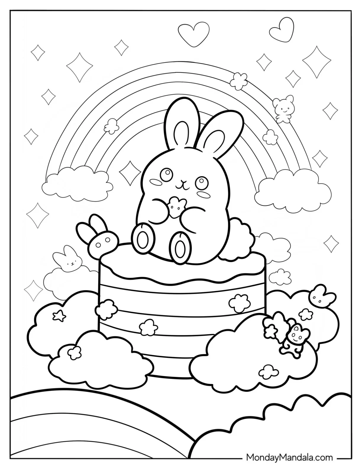 Cute Coloring Page Of Rabbit On Top Of A Cake coloring page — printable line art