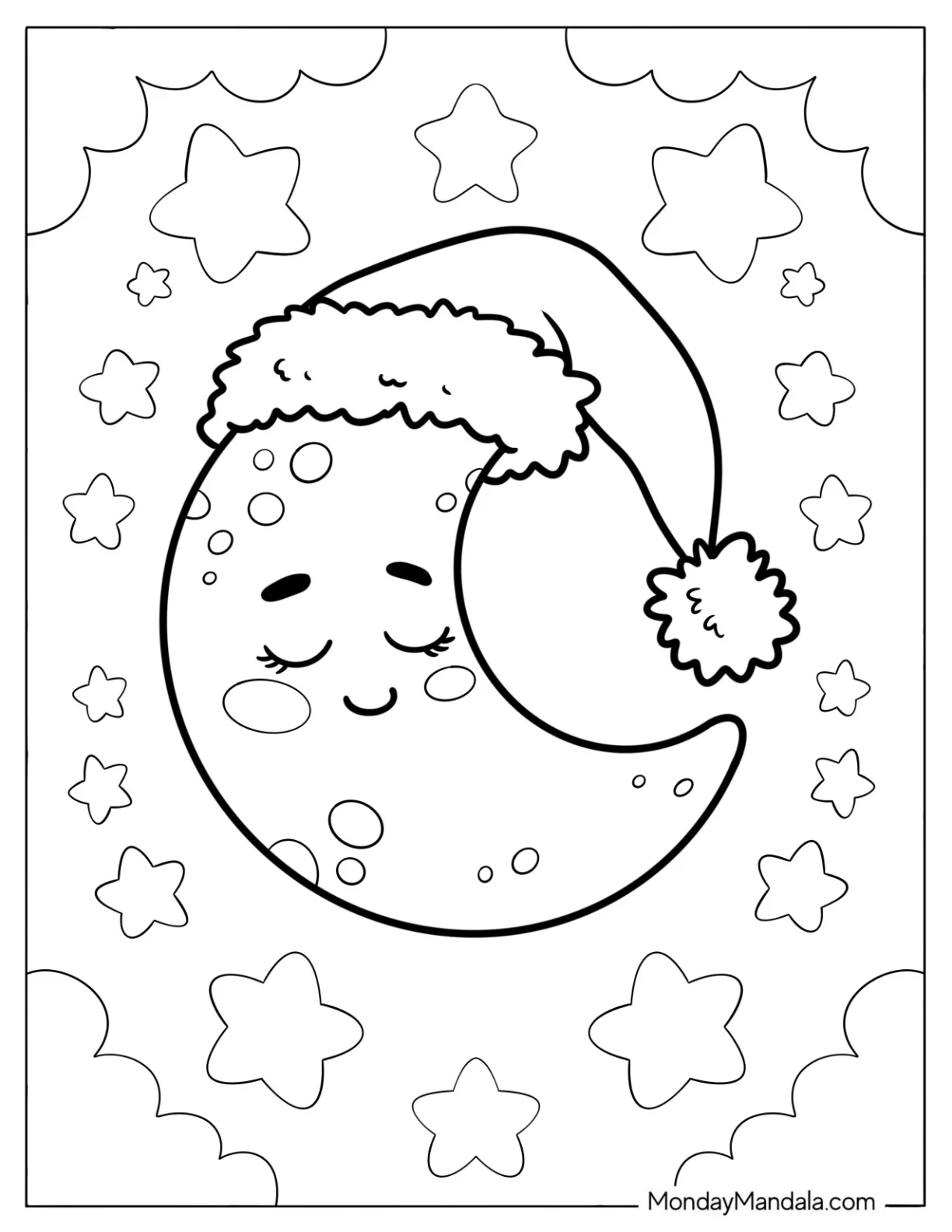 Cute Coloring Page of Sleeping Crescent Moon with Hat coloring page
