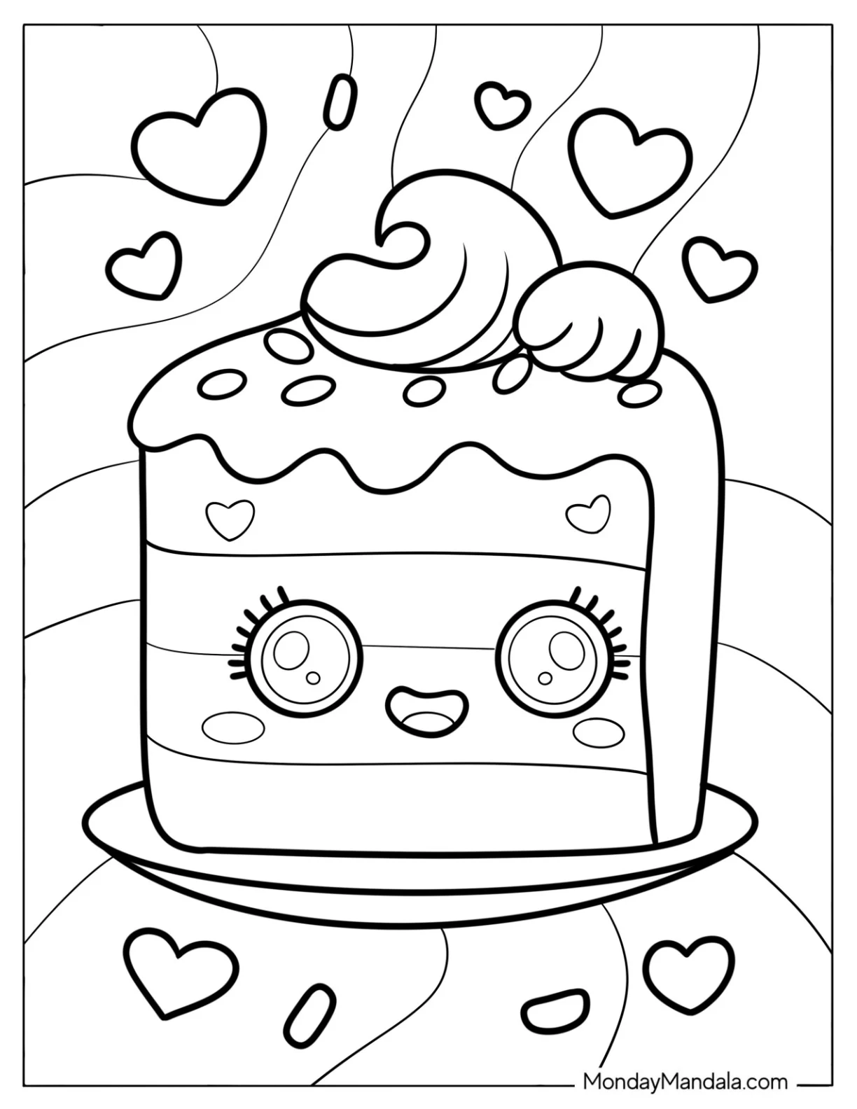 Cute Coloring Page of Slice of Cake with Love Hearts coloring page