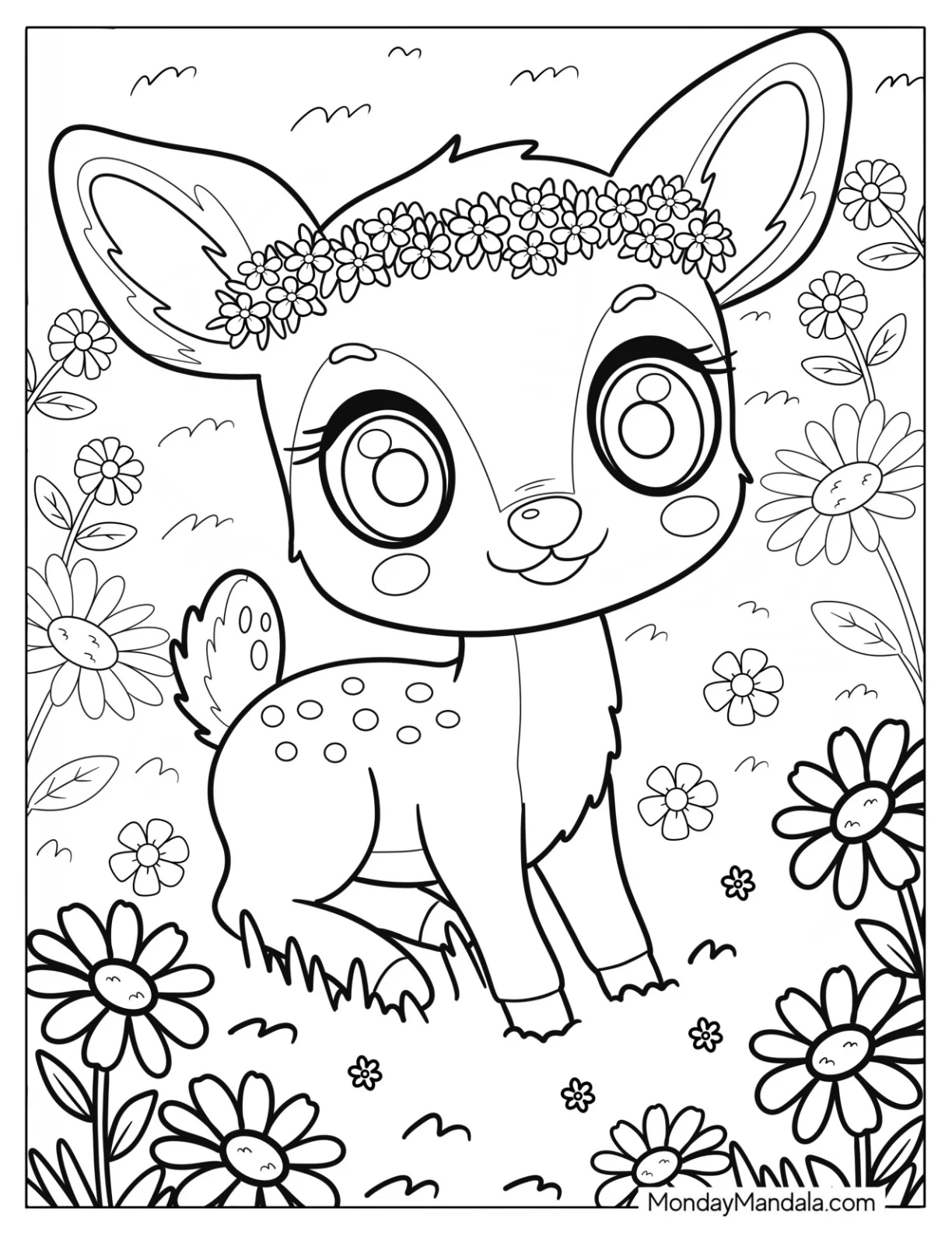 Cute Coloring Page of Spotted Dear with Flower Crown coloring page