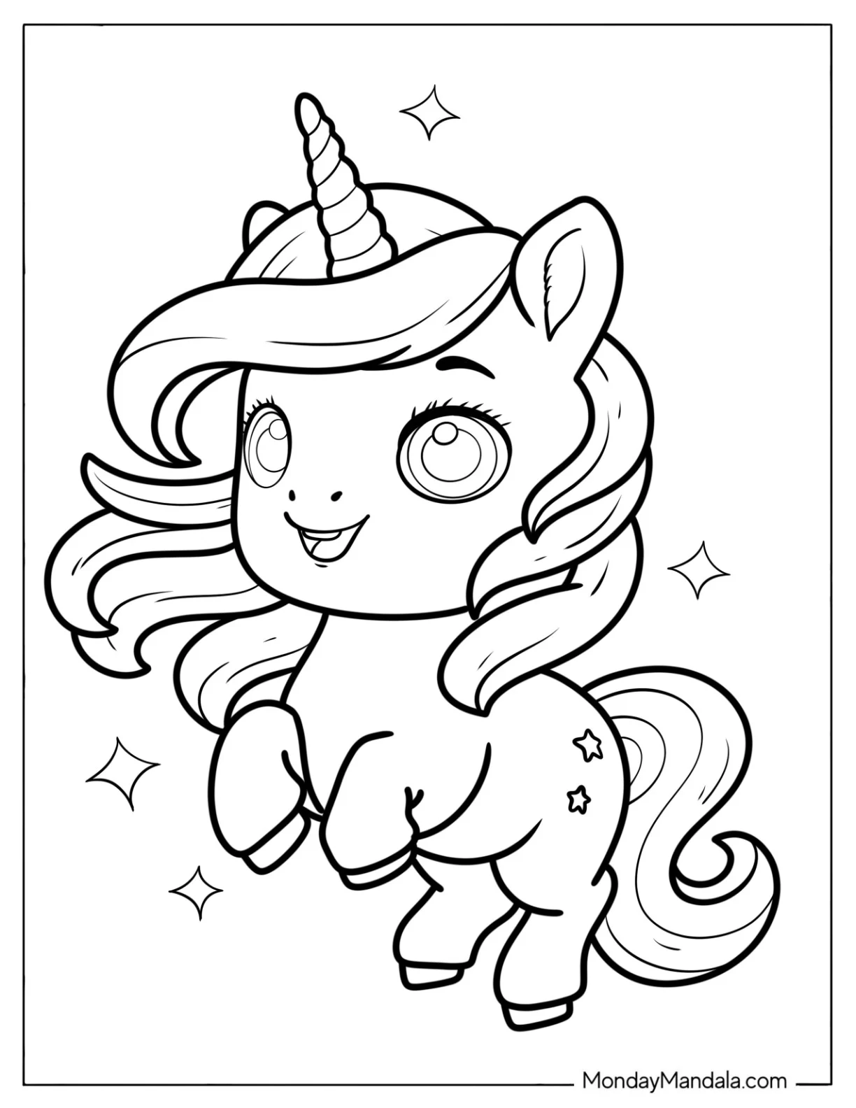 Cute Coloring Page of Unicorn with Flowing Mane and Sparkles for Preschoolers coloring page