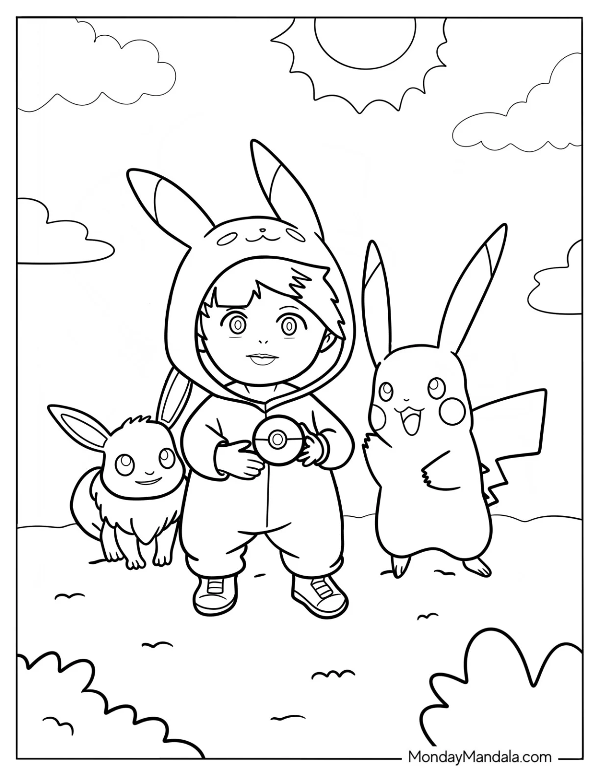Cute Coloring Page Pokemon Trainer With Pikachu And Eevee coloring page — printable line art