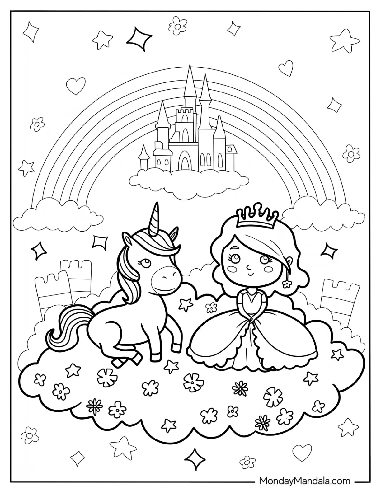 Cute Coloring Page Princess And Unicorn Sitting On A Flower Field coloring page