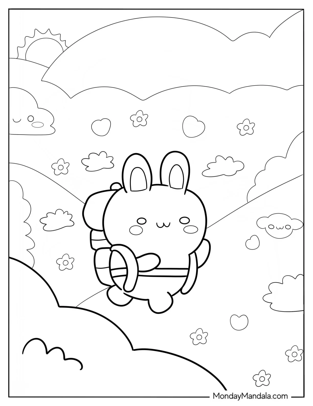 Cute Coloring Page Rabbit Hiking On A Flower Field coloring page — printable line art