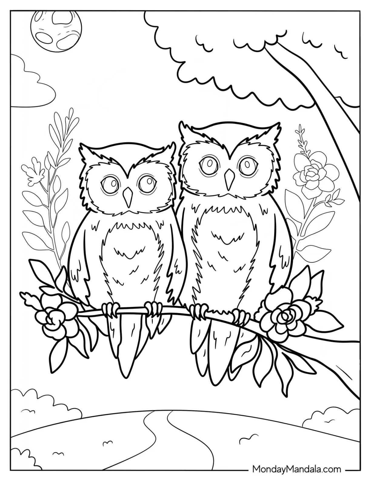 Cute Coloring Page Realistic Owls Perched On A Tree Branch coloring page — printable line art