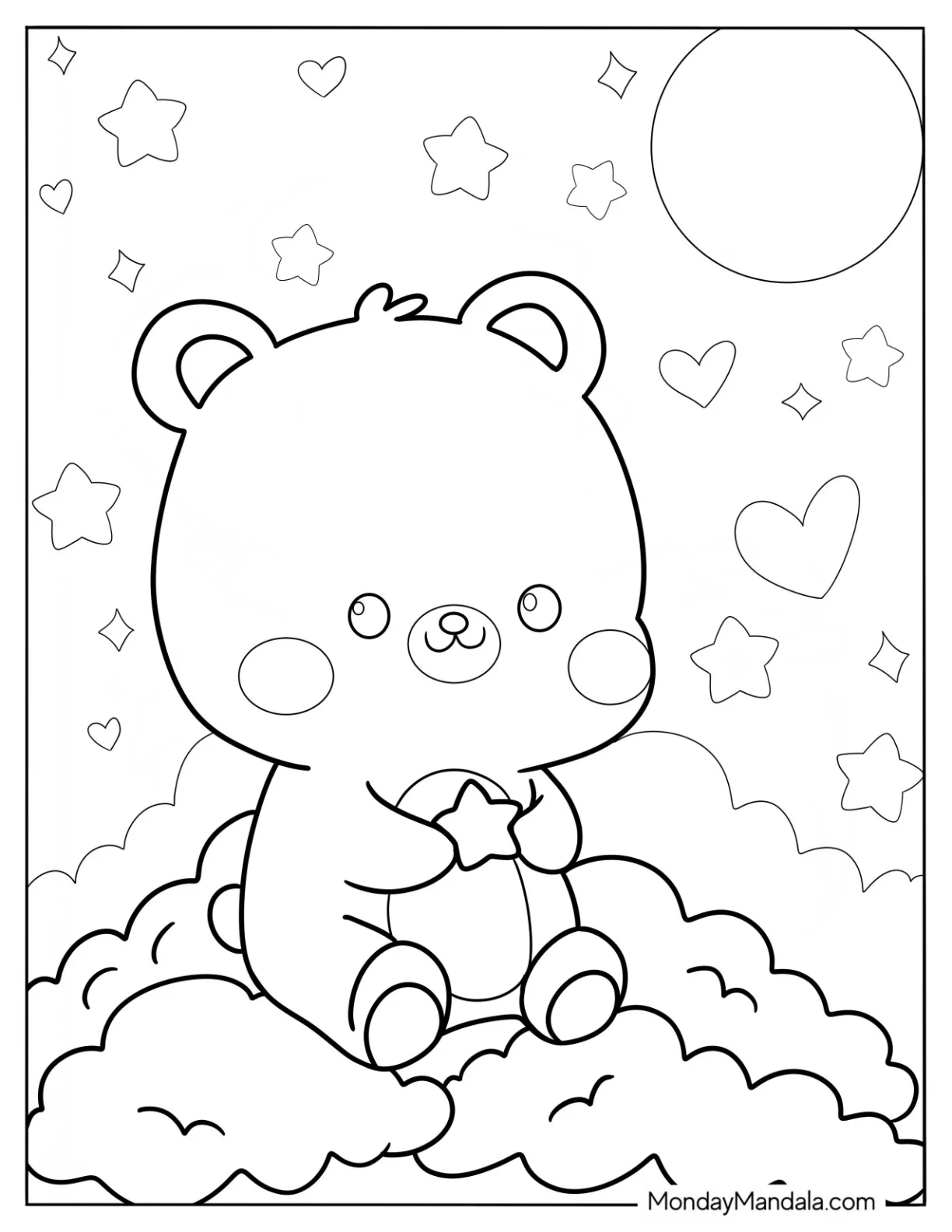 Cute Coloring Page Teddy Bear Holding A Star In The Clouds coloring page