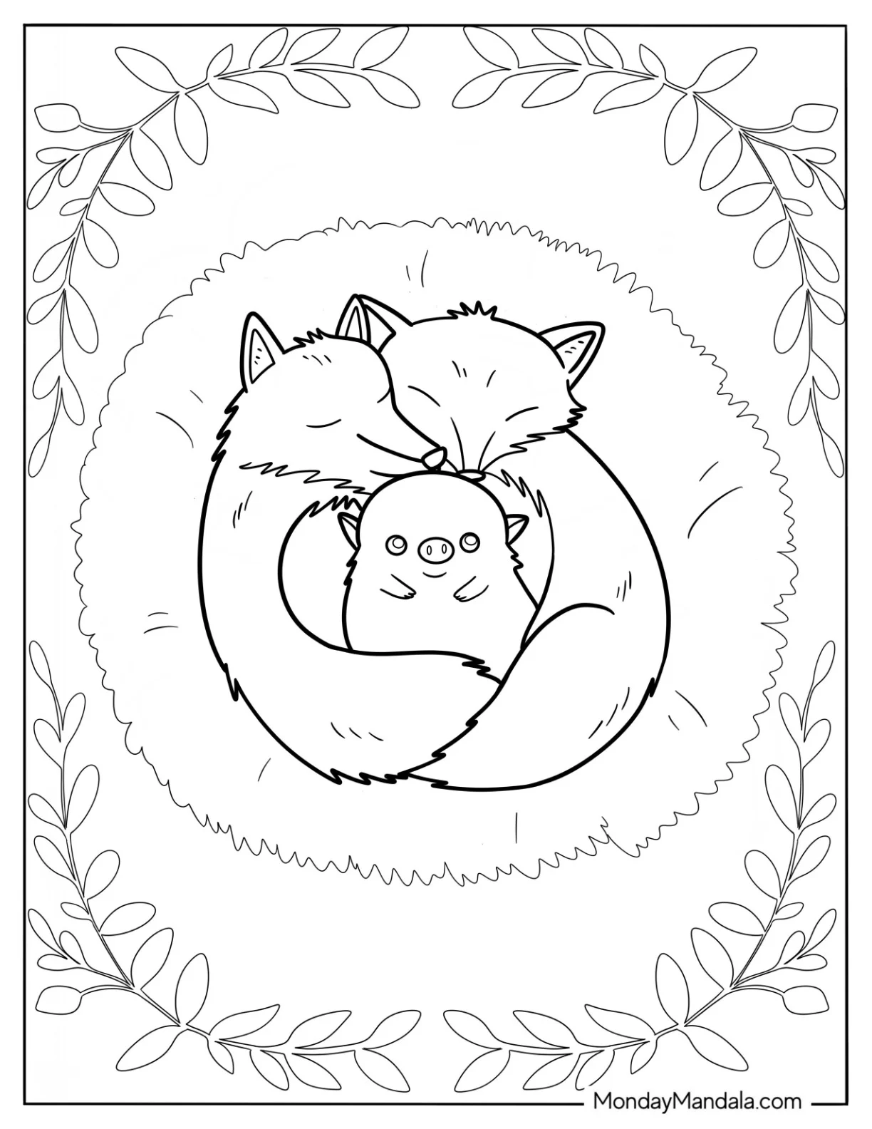 Cute Coloring Page Two Foxes Hugging A Pig coloring page — printable line art