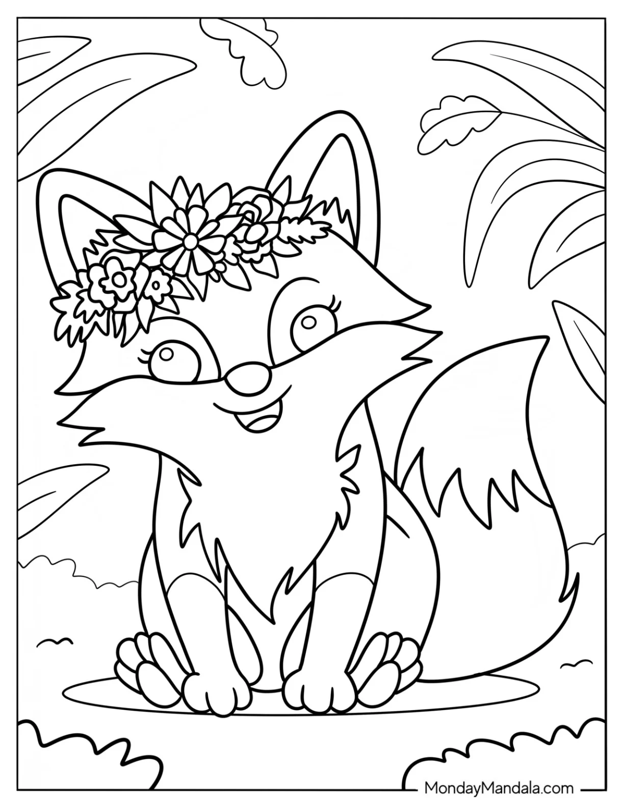 Easy Cute Coloring Page Fox Wearing A Flower Crown coloring page — printable line art