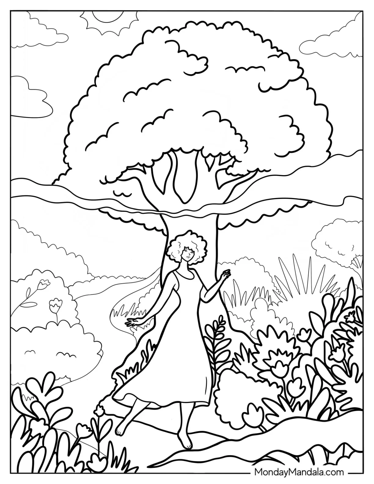 Woman Dancing Under A Tree Cute Coloring Page coloring page — printable line art