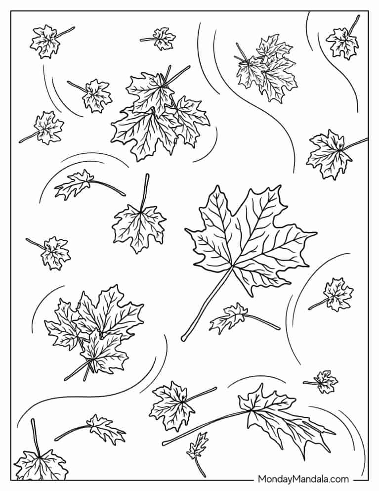 Fall Leaves Being Blown In The Wind coloring page — printable line art