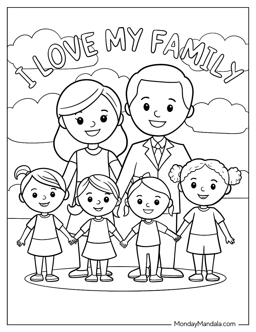 Cute Cartoon Family Coloring Page With Four Daughters For Kids coloring page