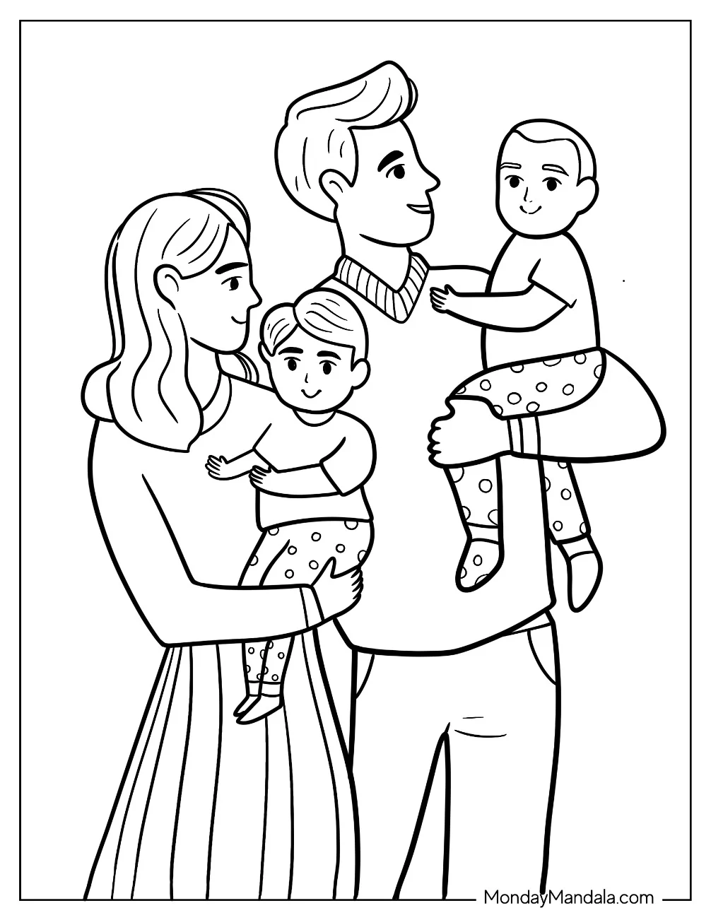 Easy Family Coloring Page With Mother, Father, And Two Children coloring page