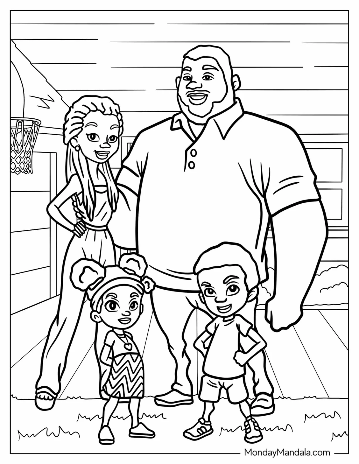 Family Coloring Page Of Black Father, Mother, Daughter, And Son Outside House coloring page