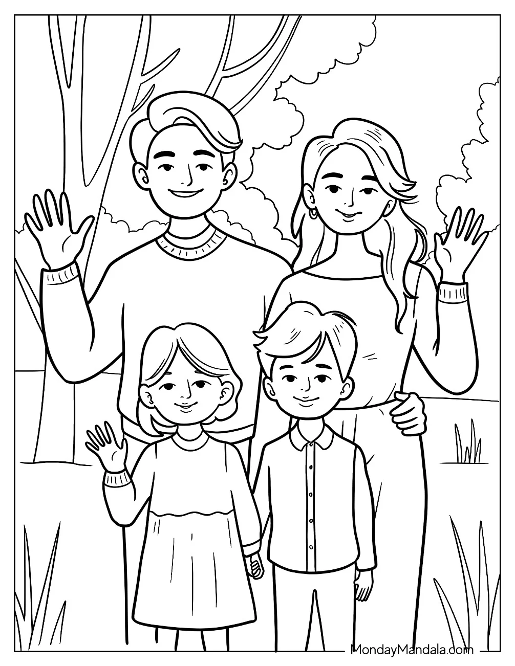 Family Coloring Page Of Father, Mother, Daughter, And Son Waving coloring page
