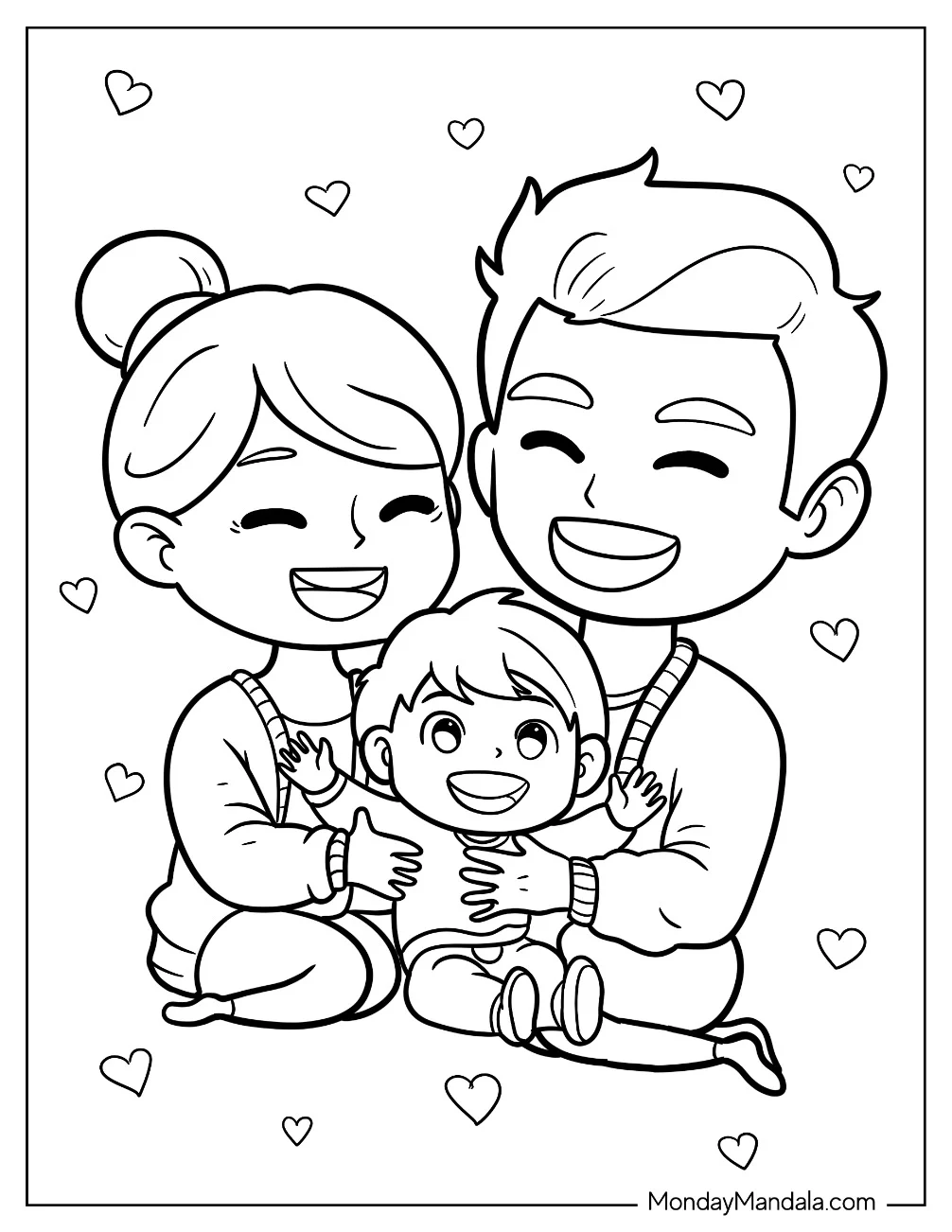 Family Coloring Page Of Happy Parents Holding A Toddler For Kids coloring page — printable line art