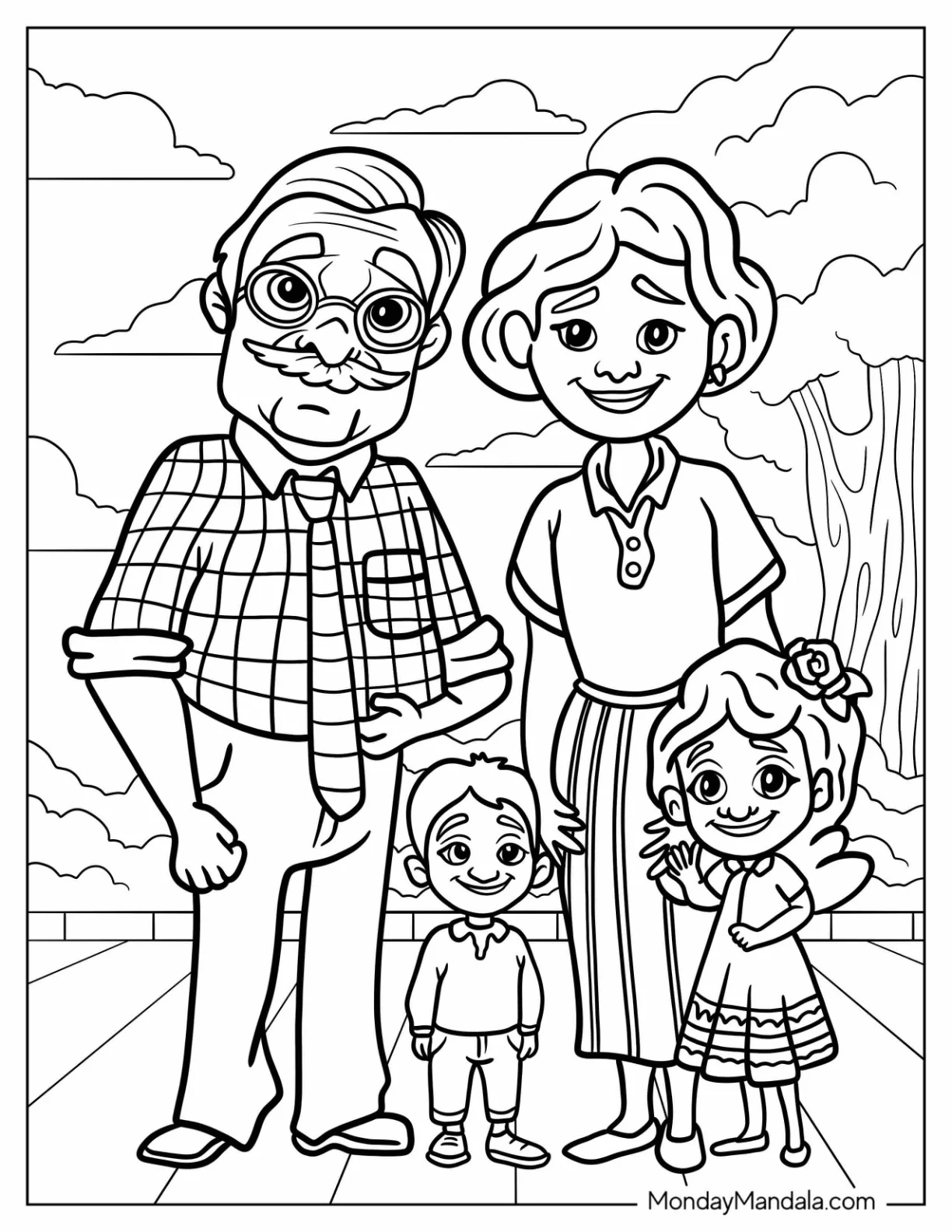 Family Coloring Page Of Hispanic Grandparents With Grandchildren coloring page — printable line art