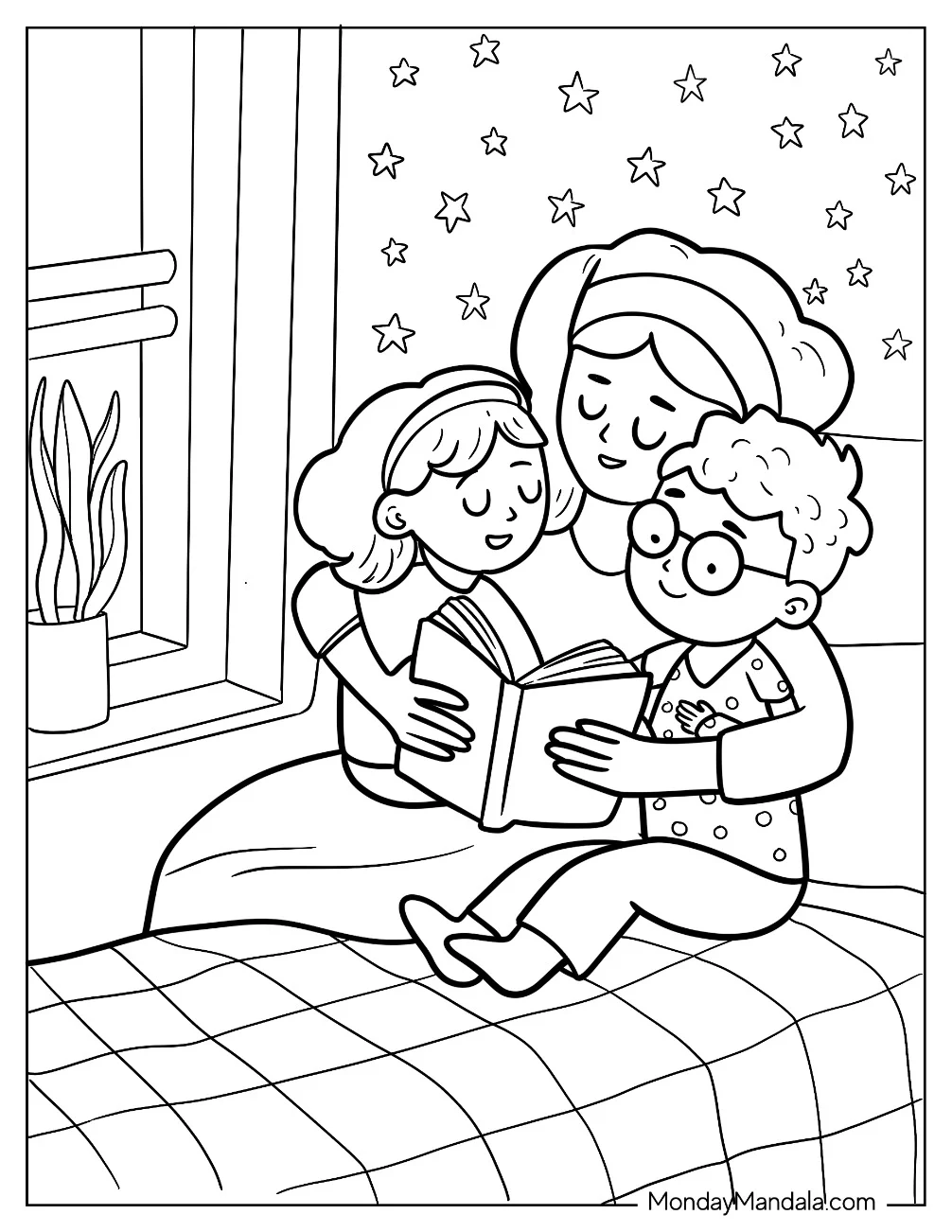 Family Coloring Page Of Loving Mother Telling Bedtime Stories To Her Children coloring page