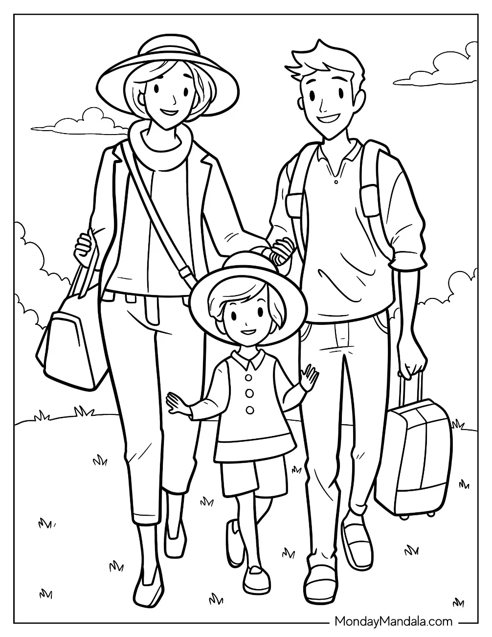 Family Coloring Page Of Mother, Father, And Daughter Hiking coloring page