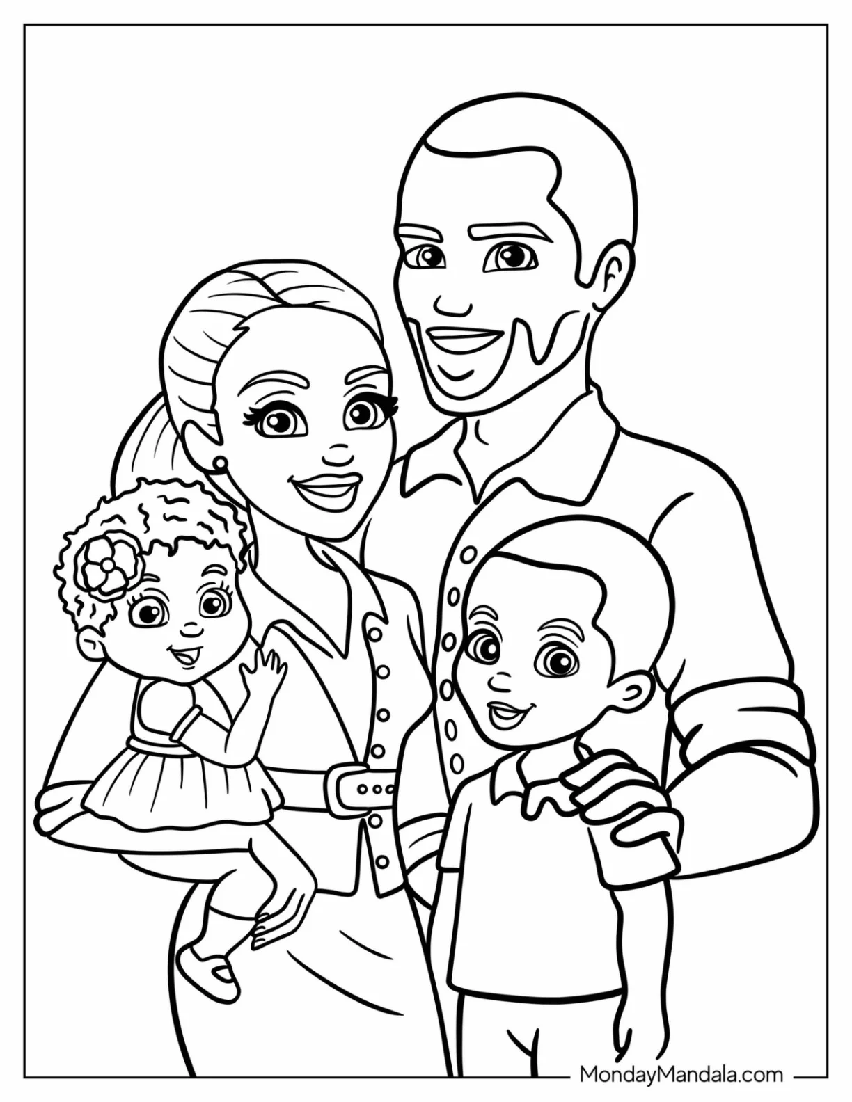Family Coloring Page of Simple Black Family With Father, Mother, Son, And Daughter coloring page