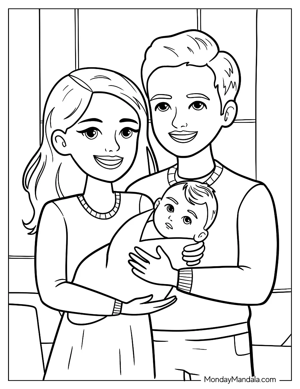 Family Coloring Page Of Smiling Parents Holding An Infant coloring page