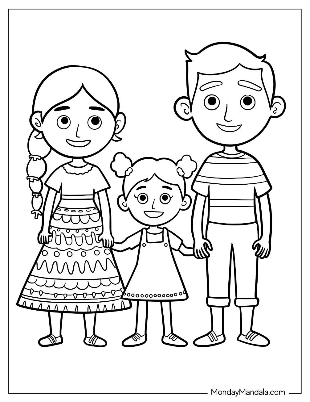 Family Coloring Page Simple Mother And Father Holding Daughter's Hand For Kids coloring page