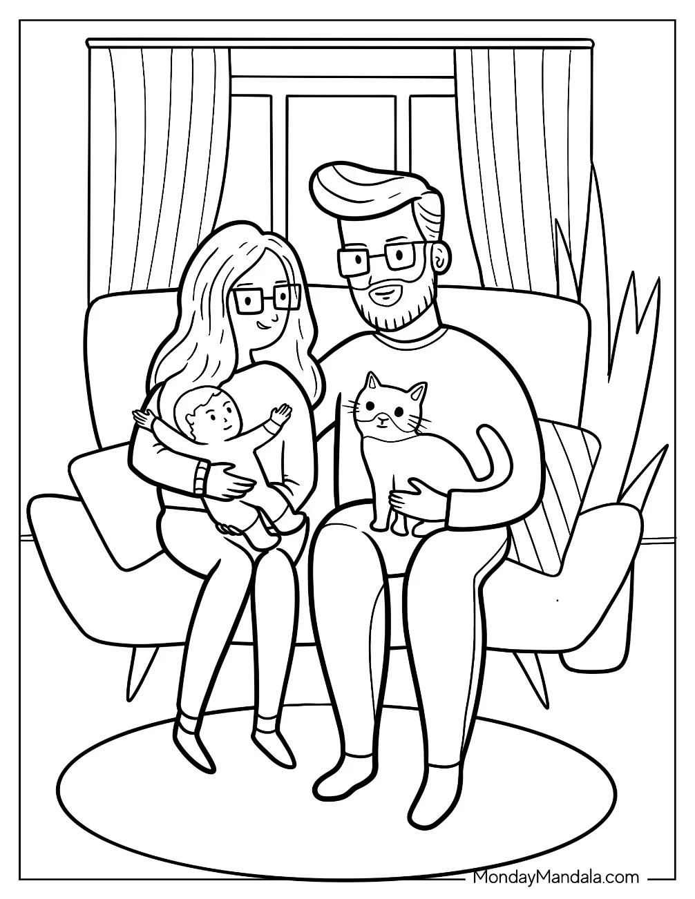 Family Coloring Page With Infant And Cat Sitting On A Couch coloring page