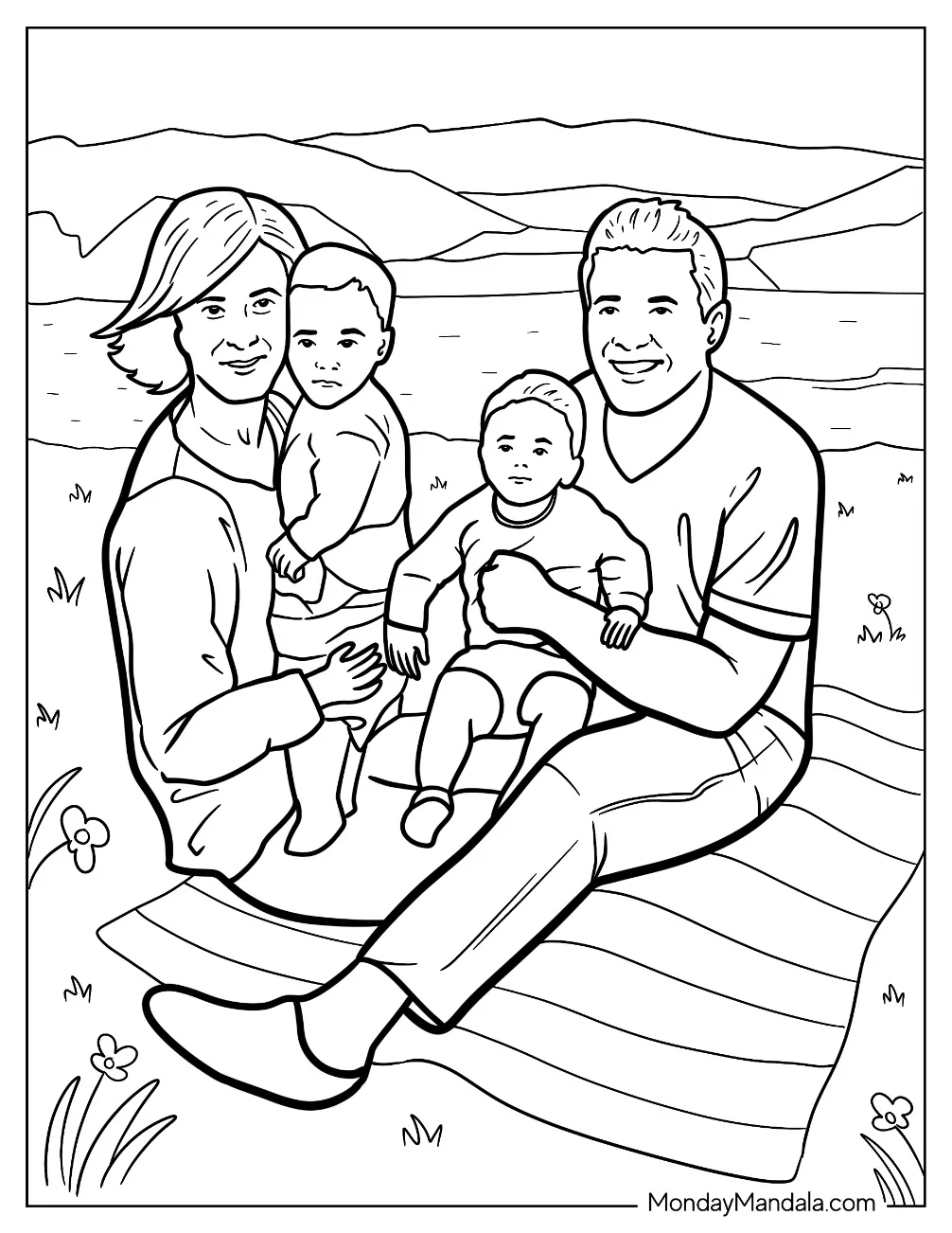 Family Coloring Page With Toddlers Having A Picnic By A Lake coloring page