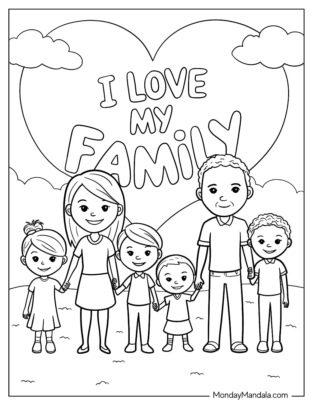 I Love My Family Words Behind A Big Family Coloring Page coloring page — printable line art
