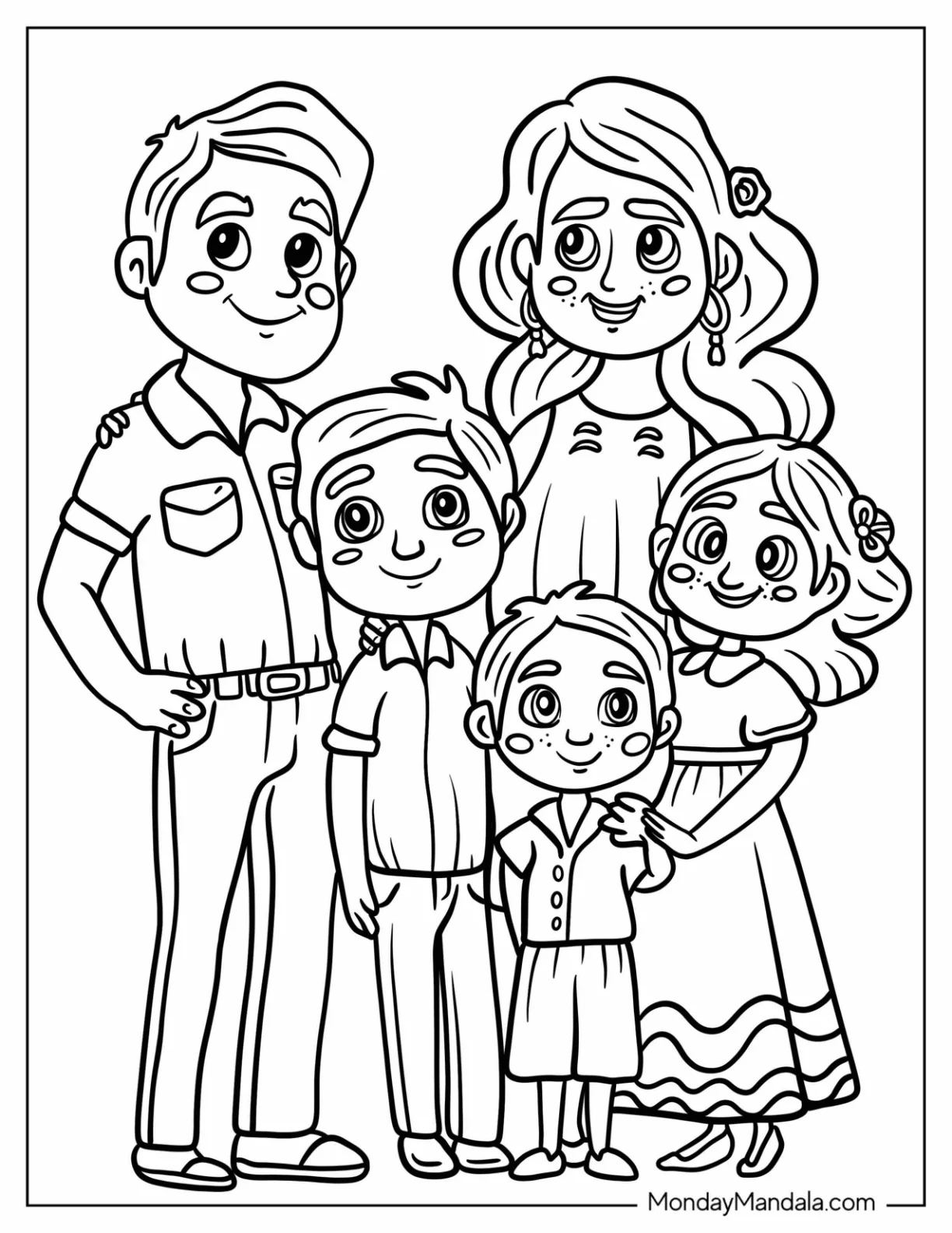 Kawaii Hispanic Family Coloring Page With Father, Mother, And Three Children coloring page