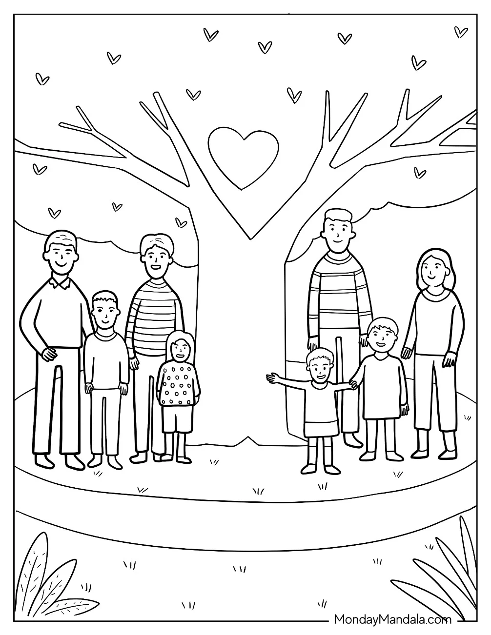 Large Family Coloring Page Standing Under A Tree coloring page