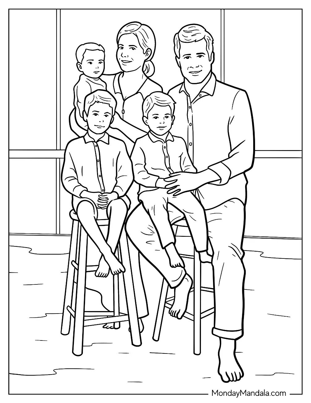 Realistic Family Coloring Page of Portrait With Three Sons coloring page