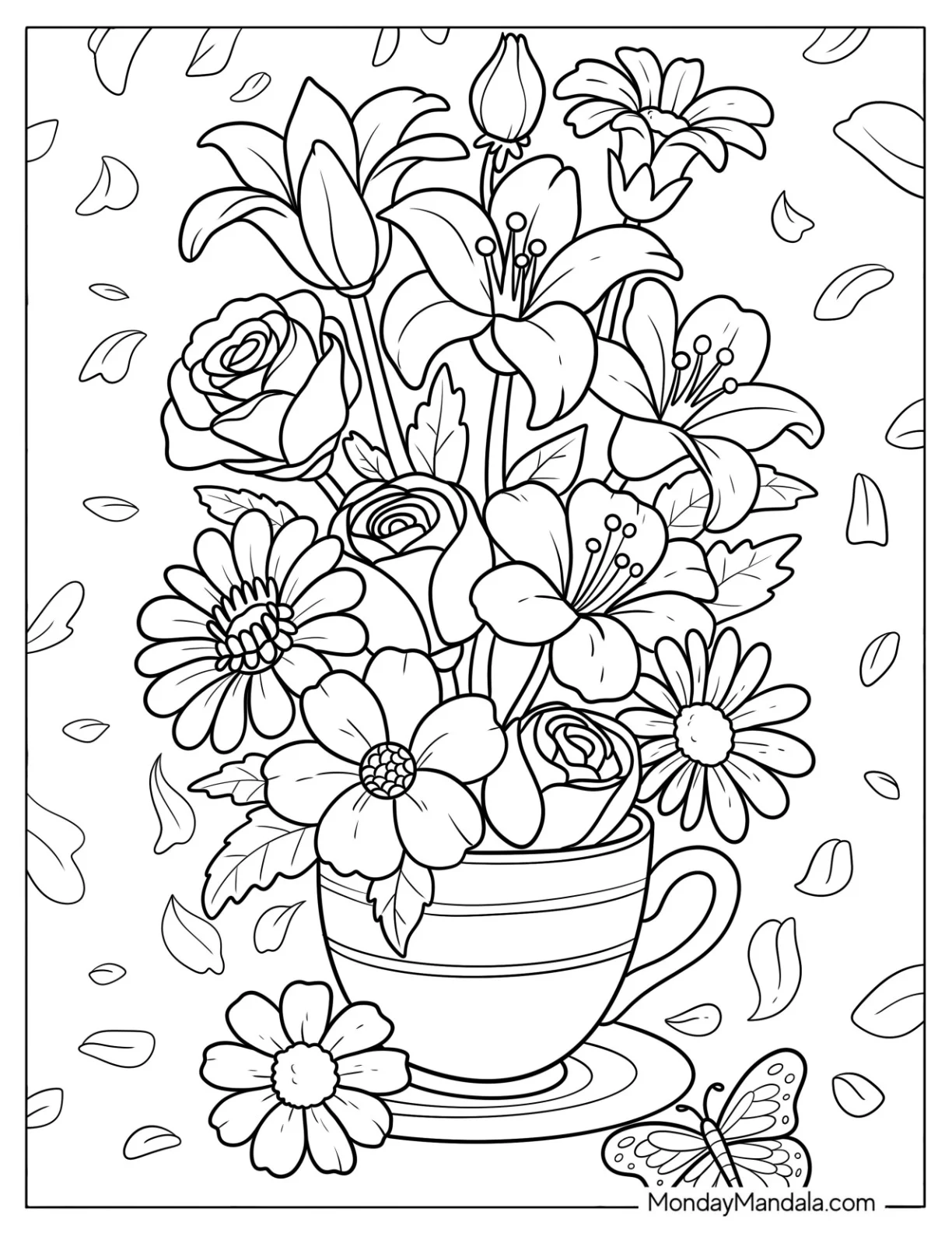 Beautiful Flower Arrangement in a Teacup with Falling Petals coloring page — printable line art