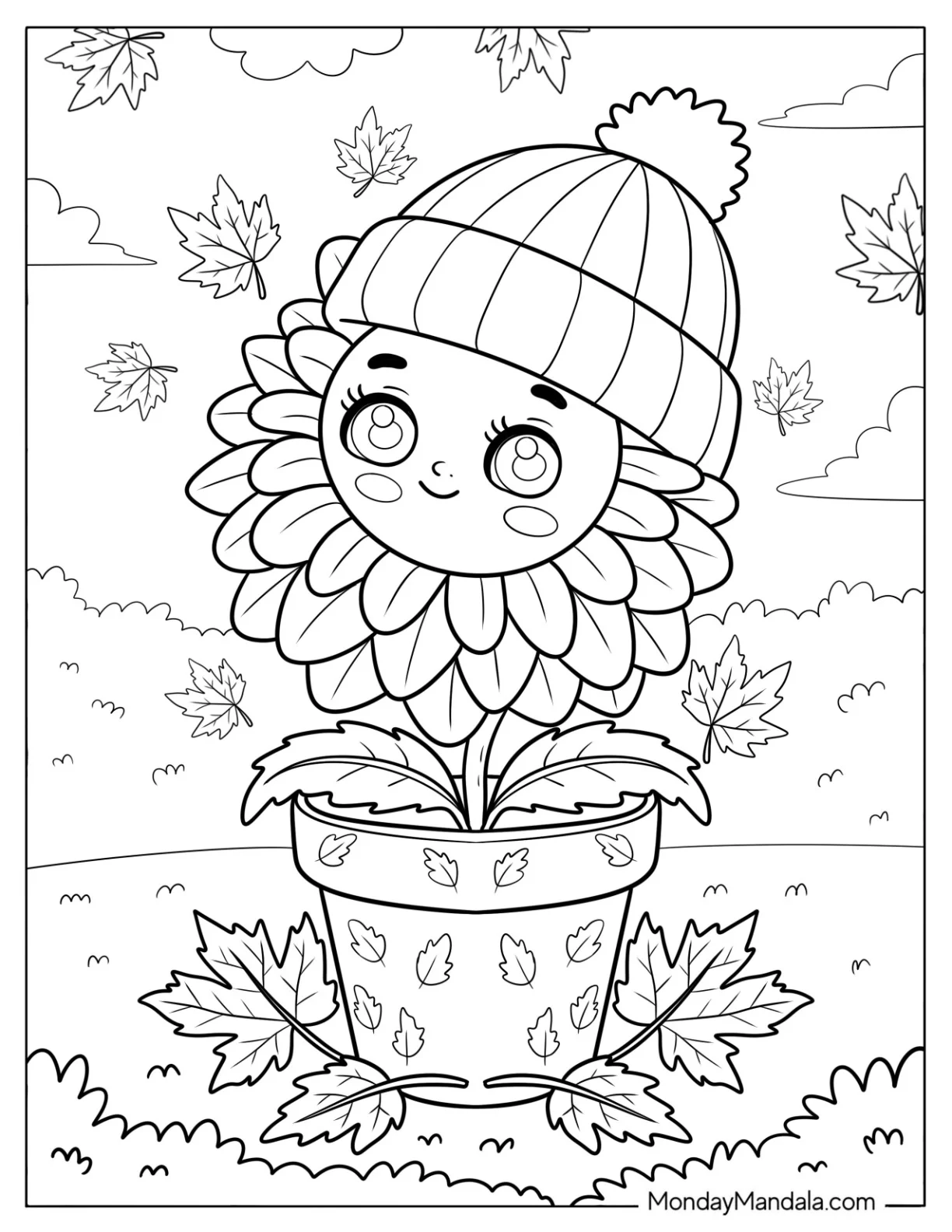 Cozy Dahlia Flower Coloring Page Wearing a Knitted Hat in a Pot for Kids coloring page