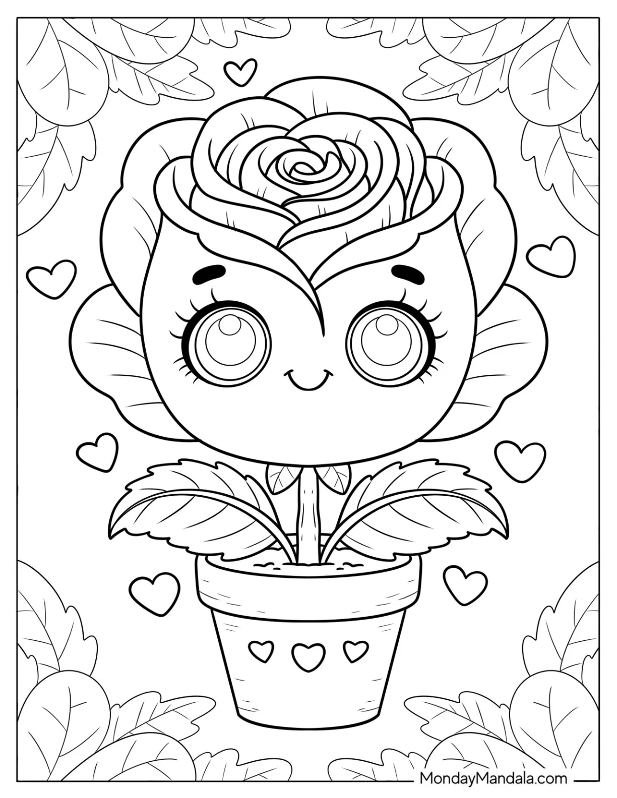 Cute Cartoon Rose in a Pot Coloring Page for Preschoolers coloring page — printable line art